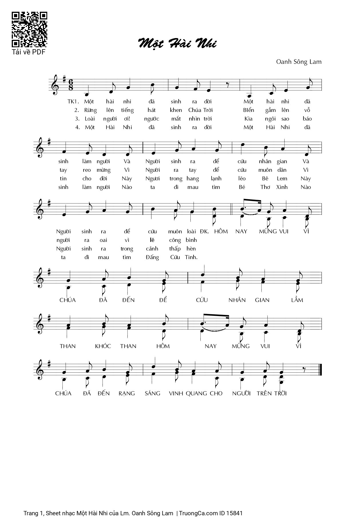 Sheet PDF of Một Hài Nhi - Lm. Oanh Sông Lam