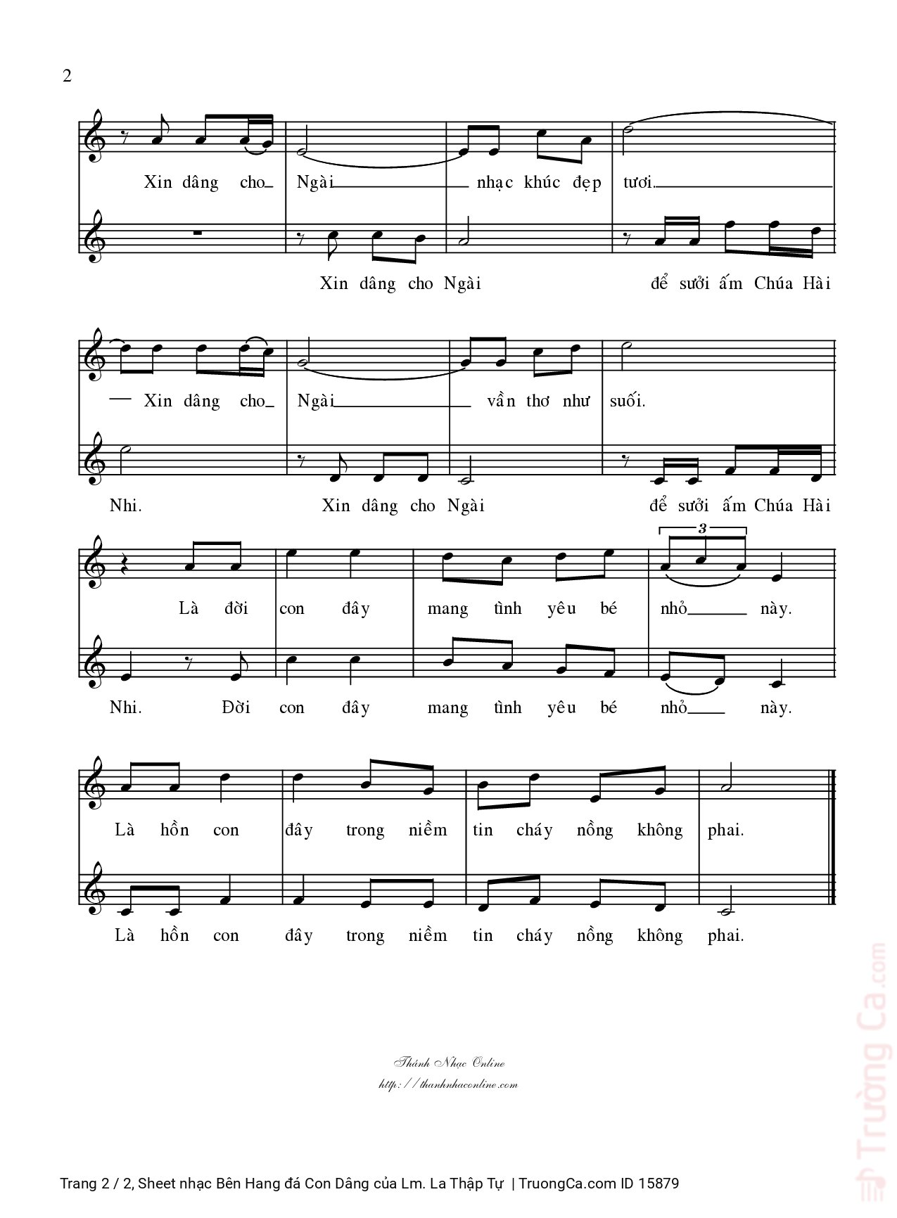Page 2 of Sheet music PDF Bên Hang đá Con Dâng - Lm. La Thập Tự