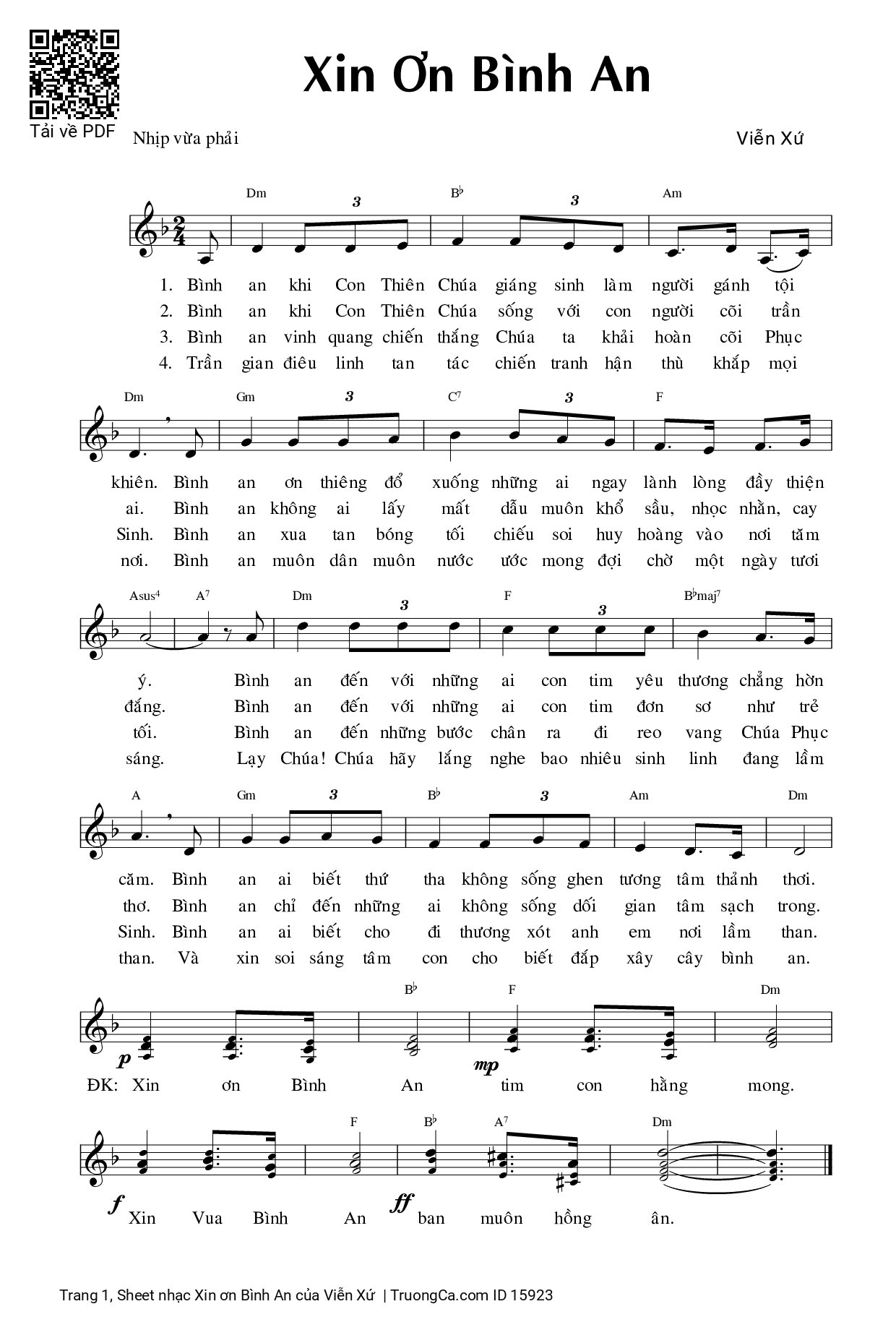 Page 1 of Sheet music PDF Xin ơn Bình An - Viễn Xứ