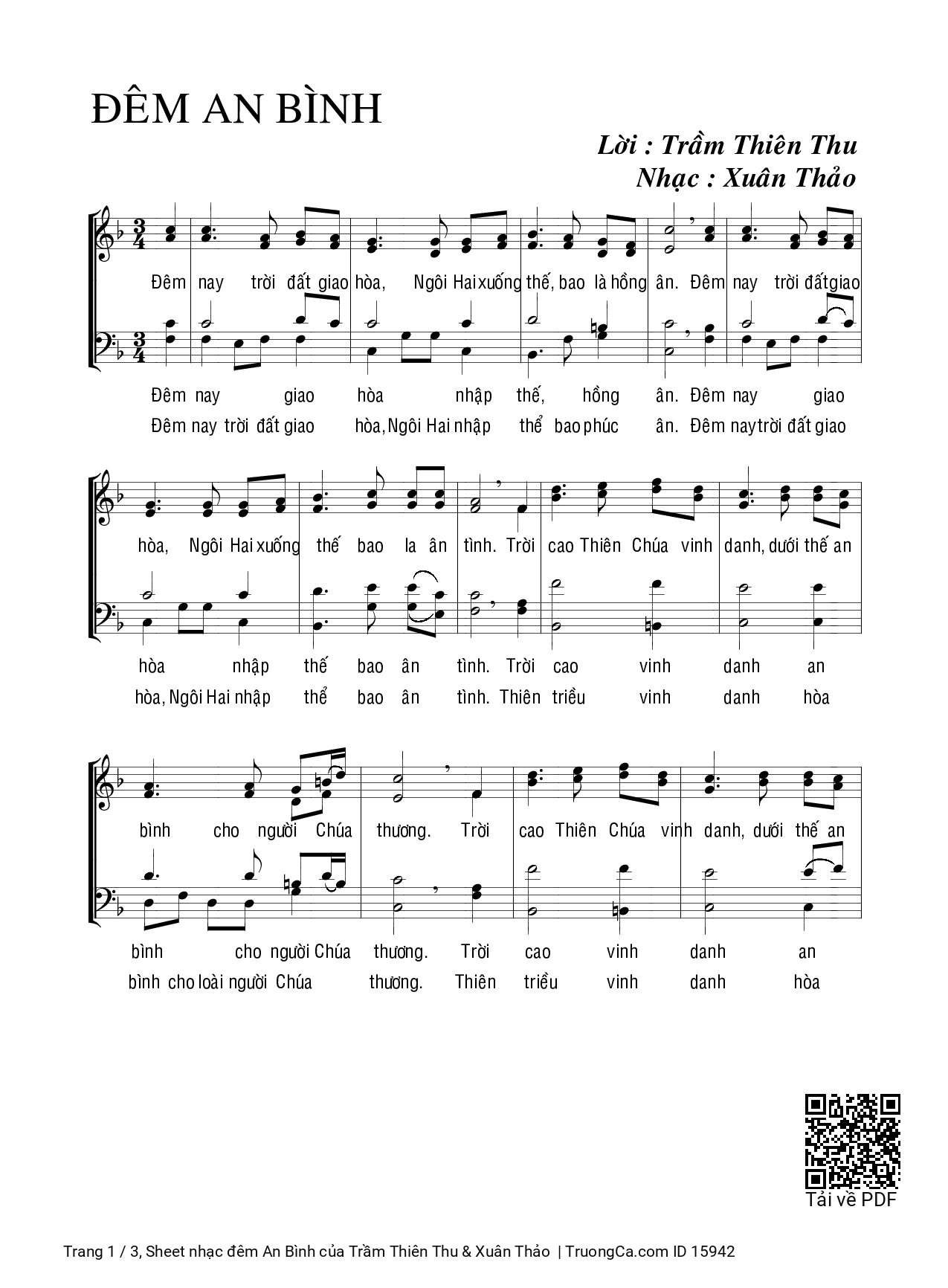 Sheet PDF of đêm An Bình - Trầm Thiên Thu & Xuân Thảo