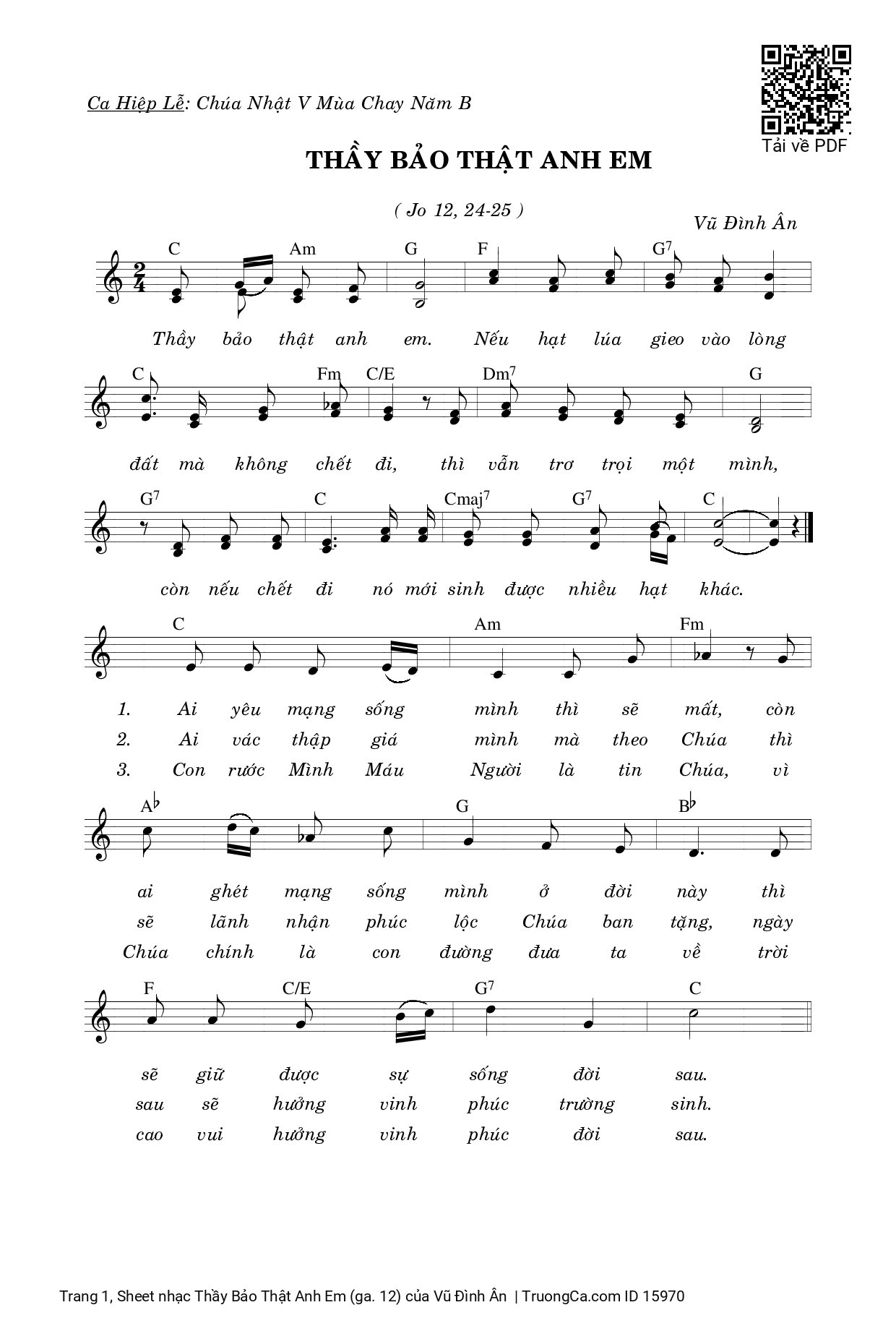 Sheet PDF of Thầy Bảo Thật Anh Em (ga. 12)