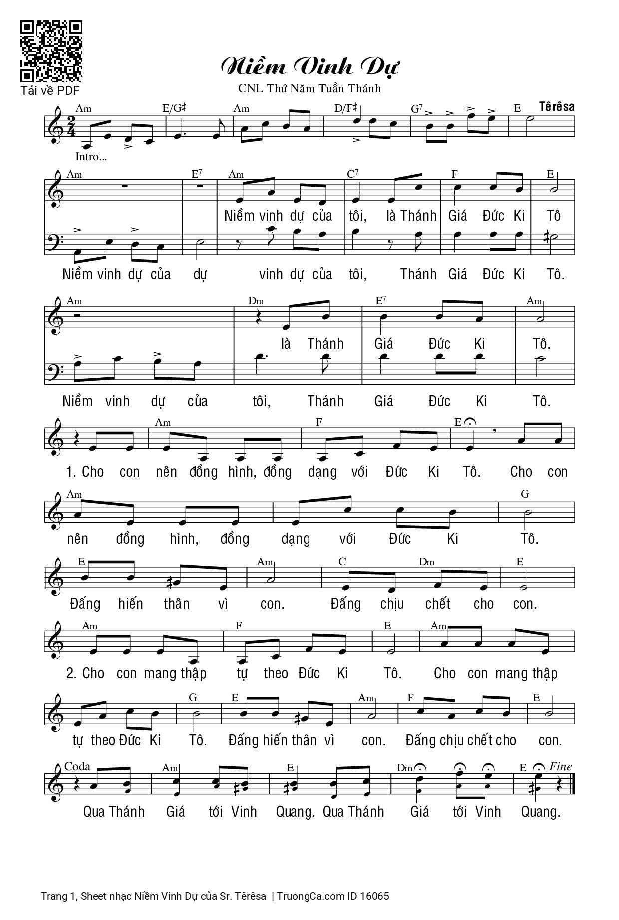 Page 1 of Sheet music PDF Niềm Vinh Dự - Sr. Têrêsa