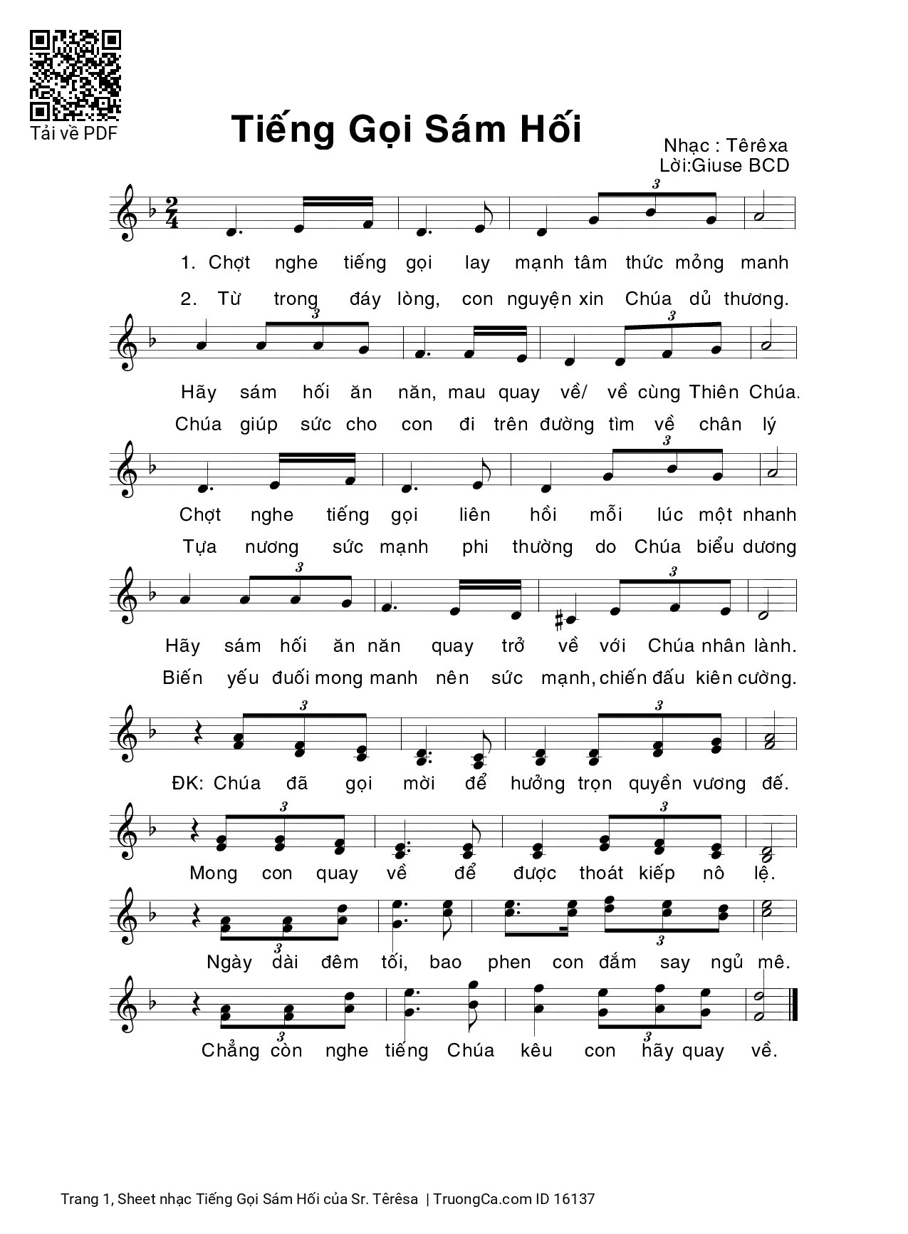 Page 1 of Sheet music PDF Tiếng Gọi Sám Hối - Sr. Têrêsa
