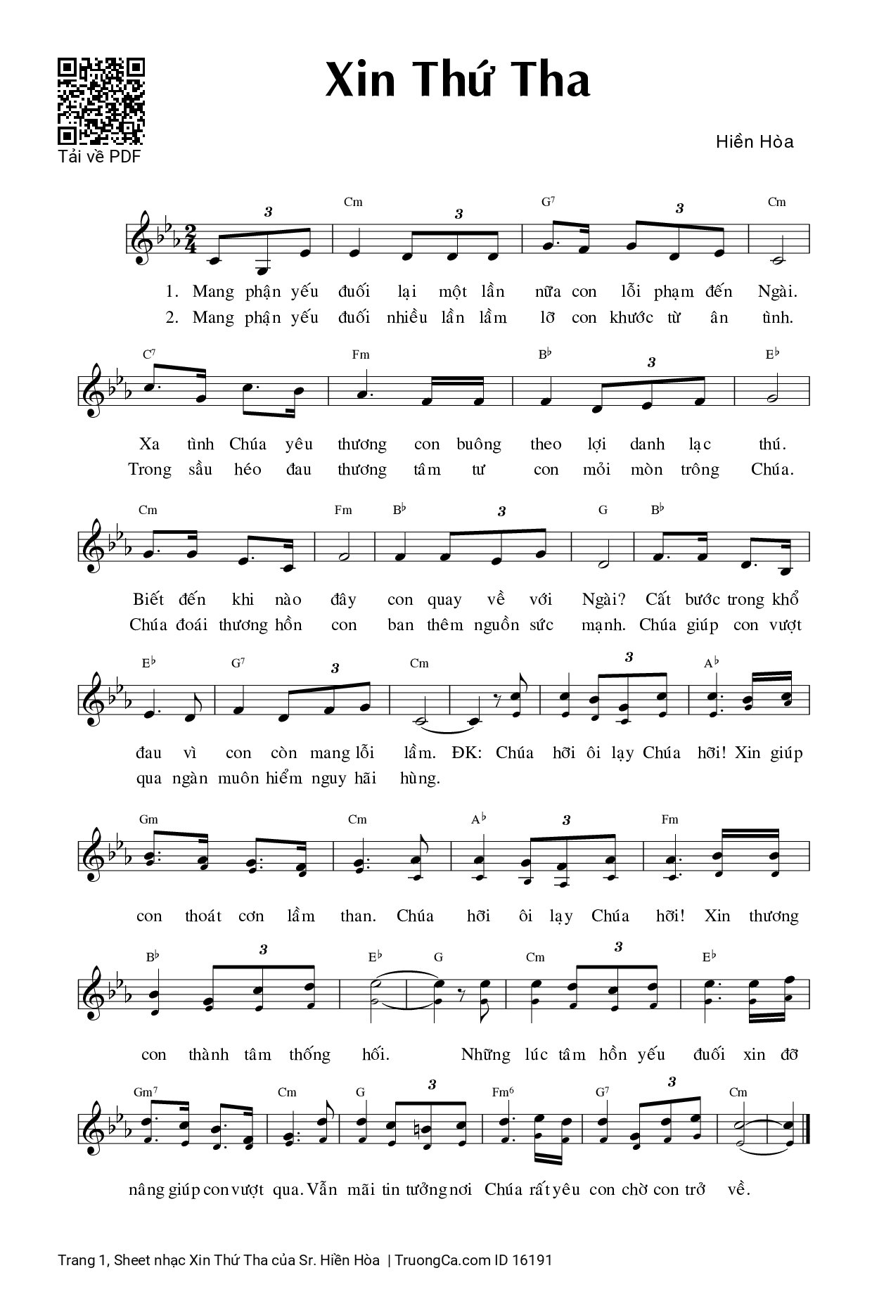 Sheet PDF of Xin Thứ Tha - Sr. Hiền Hòa