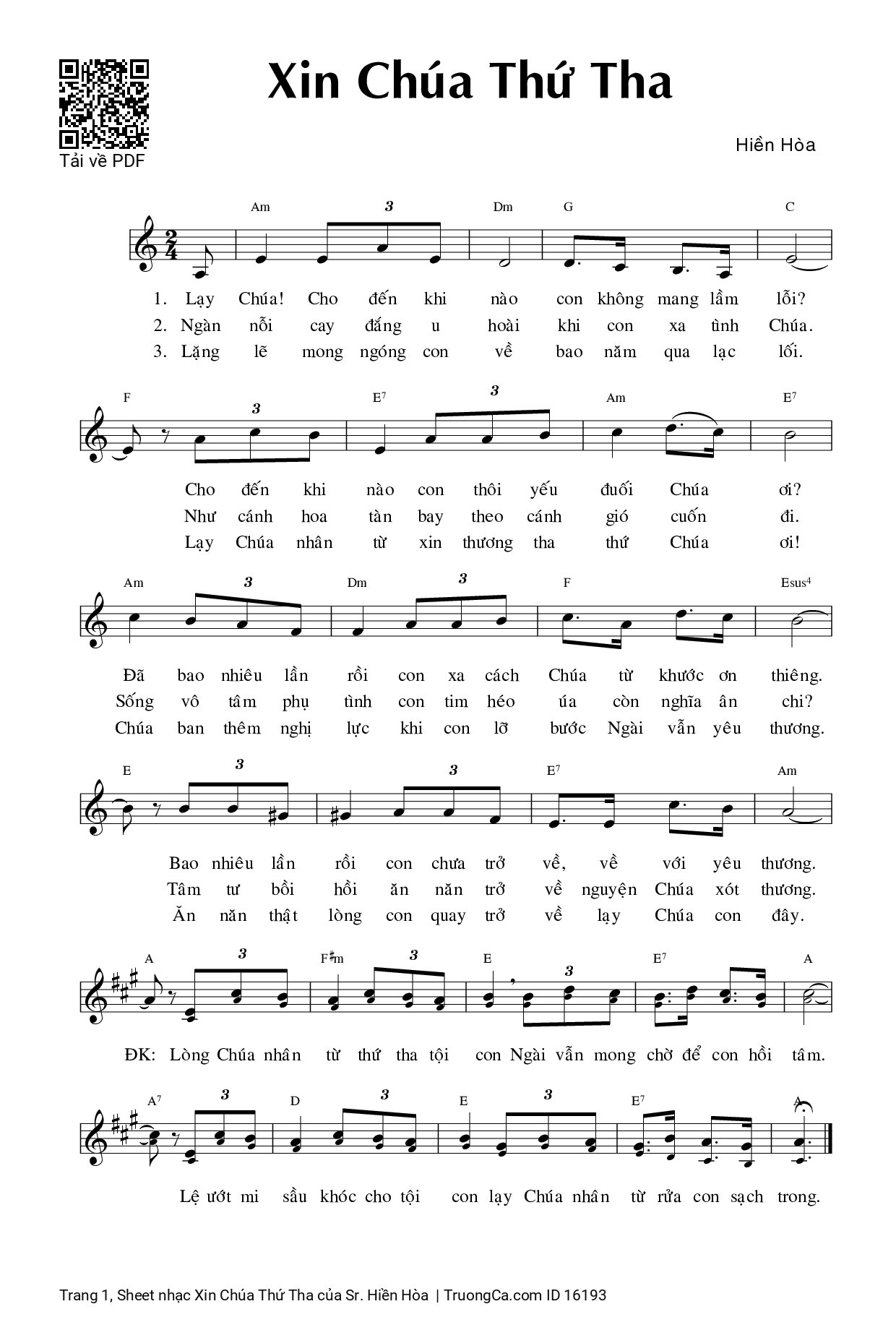 Page 1 of Sheet music PDF Xin Chúa Thứ Tha - Sr. Hiền Hòa