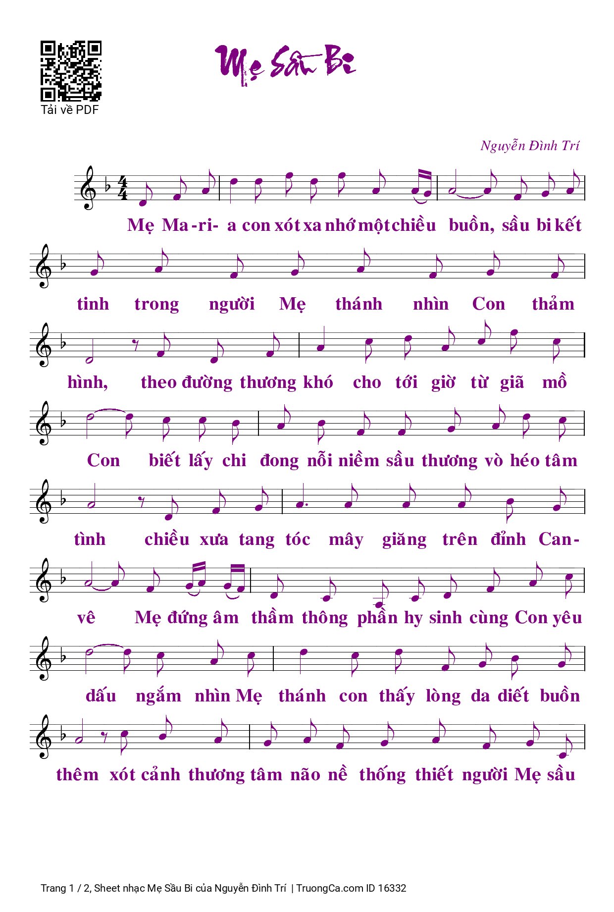 Page 1 of Sheet music PDF Mẹ Sầu Bi - Nguyễn Đình Trí