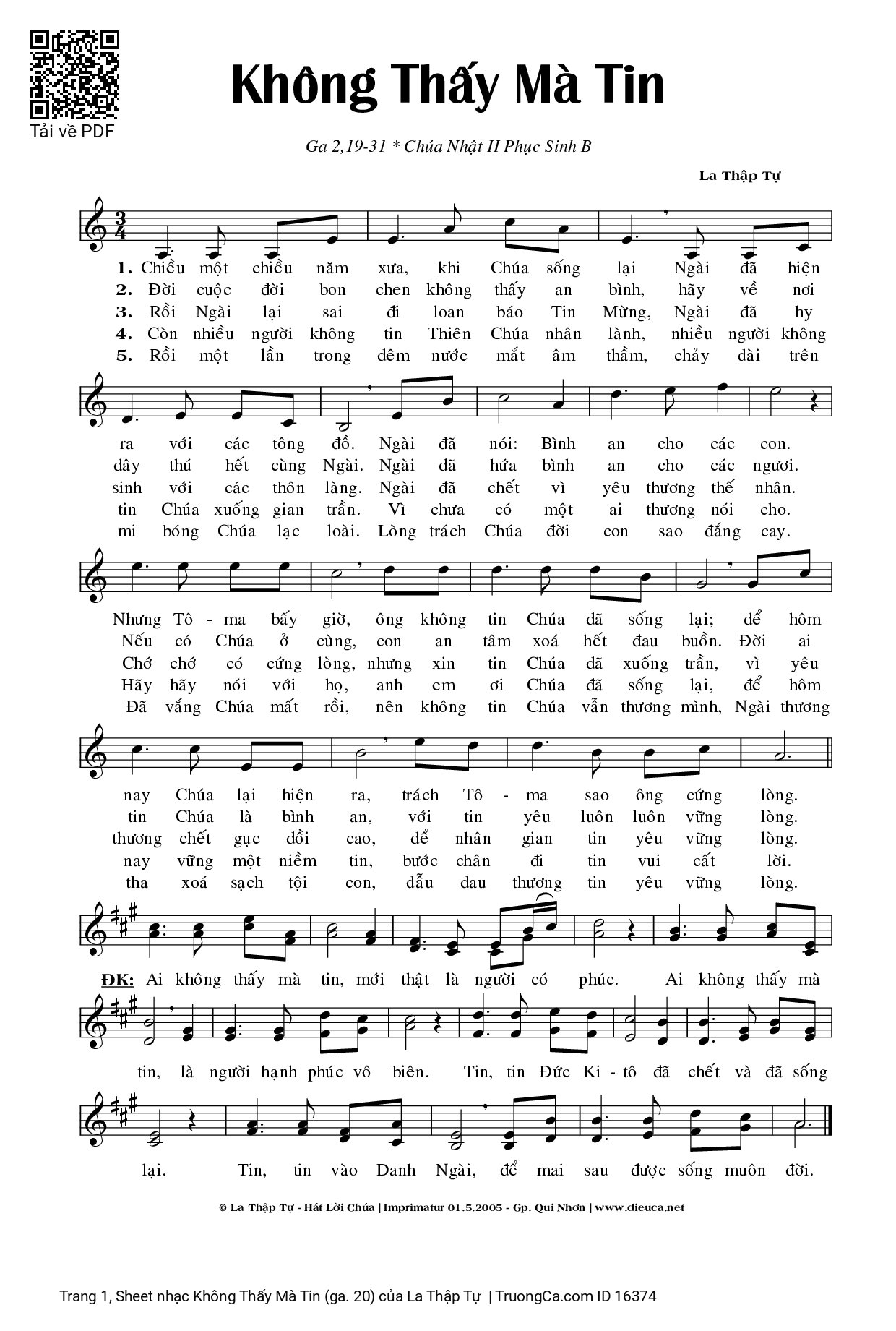 Sheet PDF of Không Thấy Mà Tin (ga. 20)