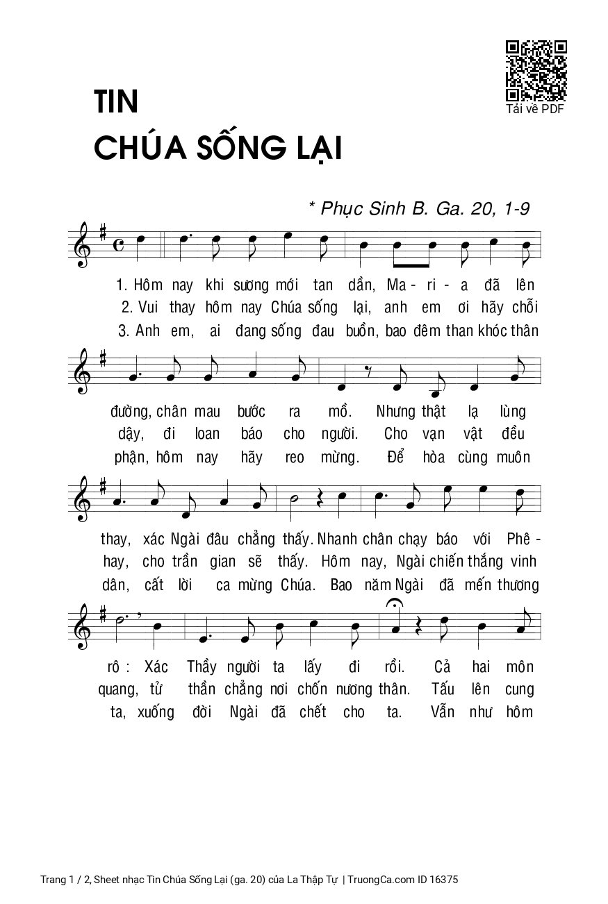 Sheet PDF of Tin Chúa Sống Lại (ga. 20)