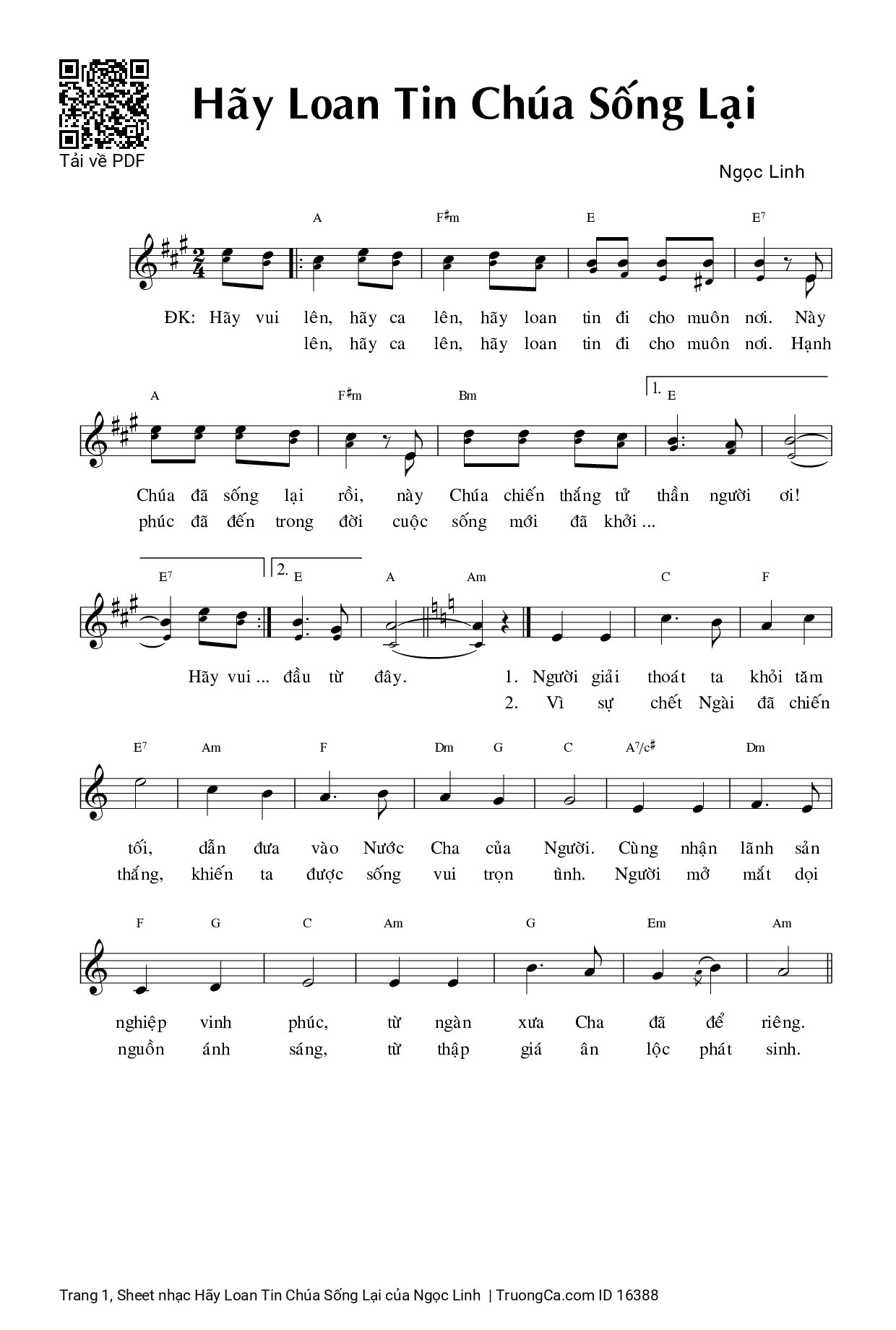 Page 1 of Sheet music PDF Hãy Loan Tin Chúa Sống Lại - Ngọc Linh