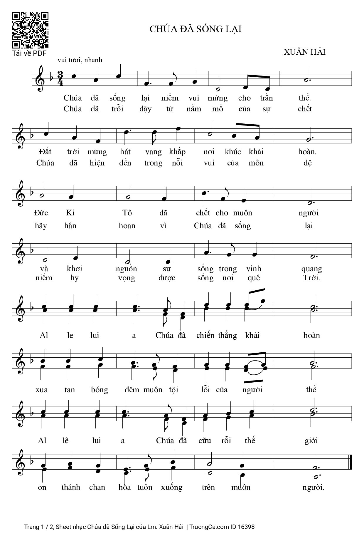 Page 1 of Sheet music PDF Chúa đã Sống Lại - Lm. Xuân Hải