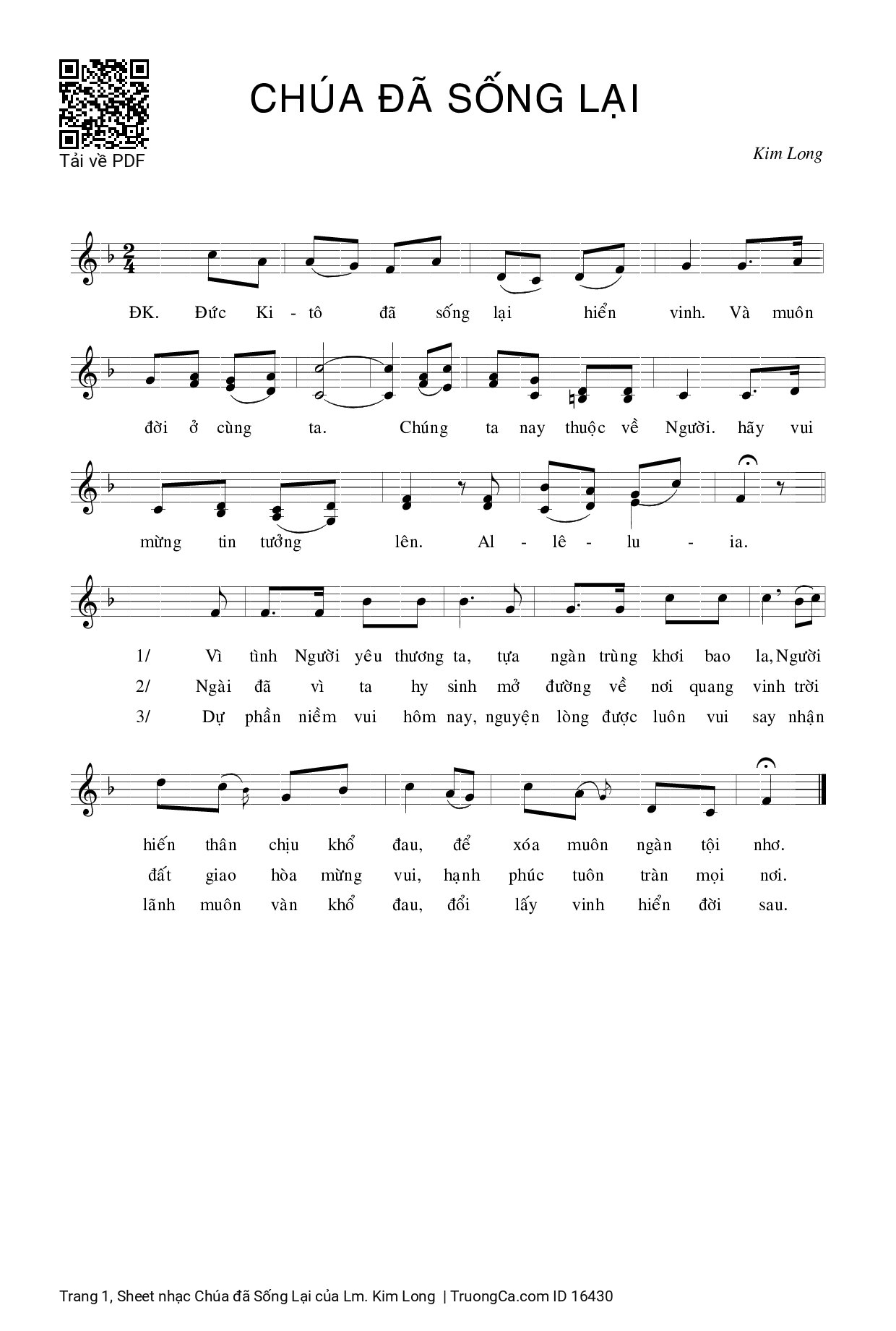 Page 1 of Sheet music PDF Chúa đã Sống Lại - Lm. Kim Long