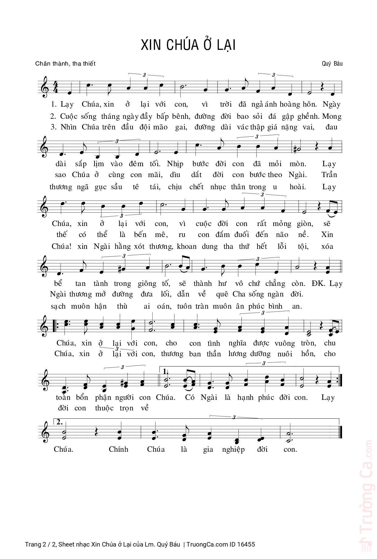 Page 2 of Sheet music PDF Xin Chúa ở Lại - Lm. Quý Báu