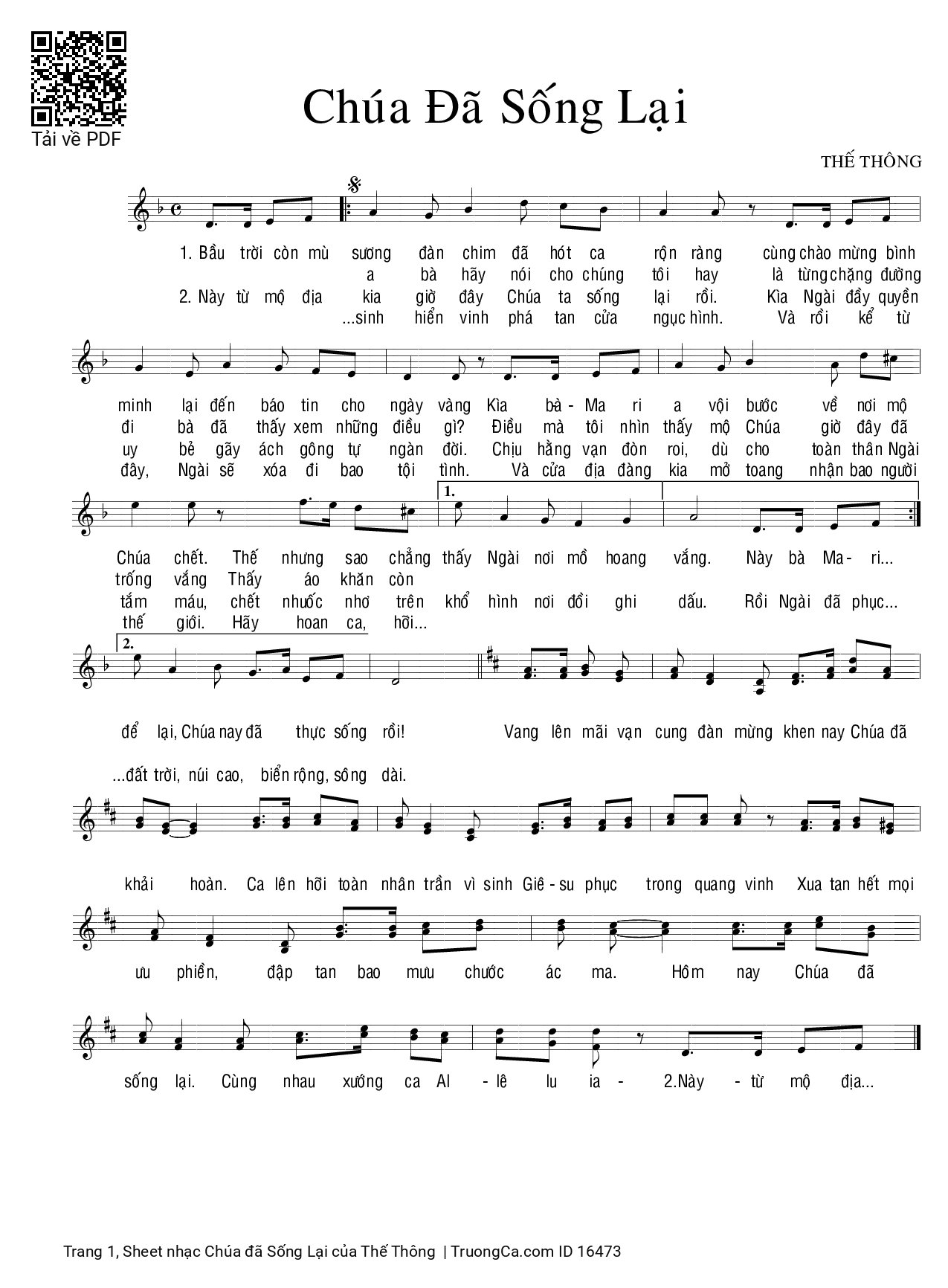 Page 1 of Sheet music PDF Chúa đã Sống Lại - Thế Thông