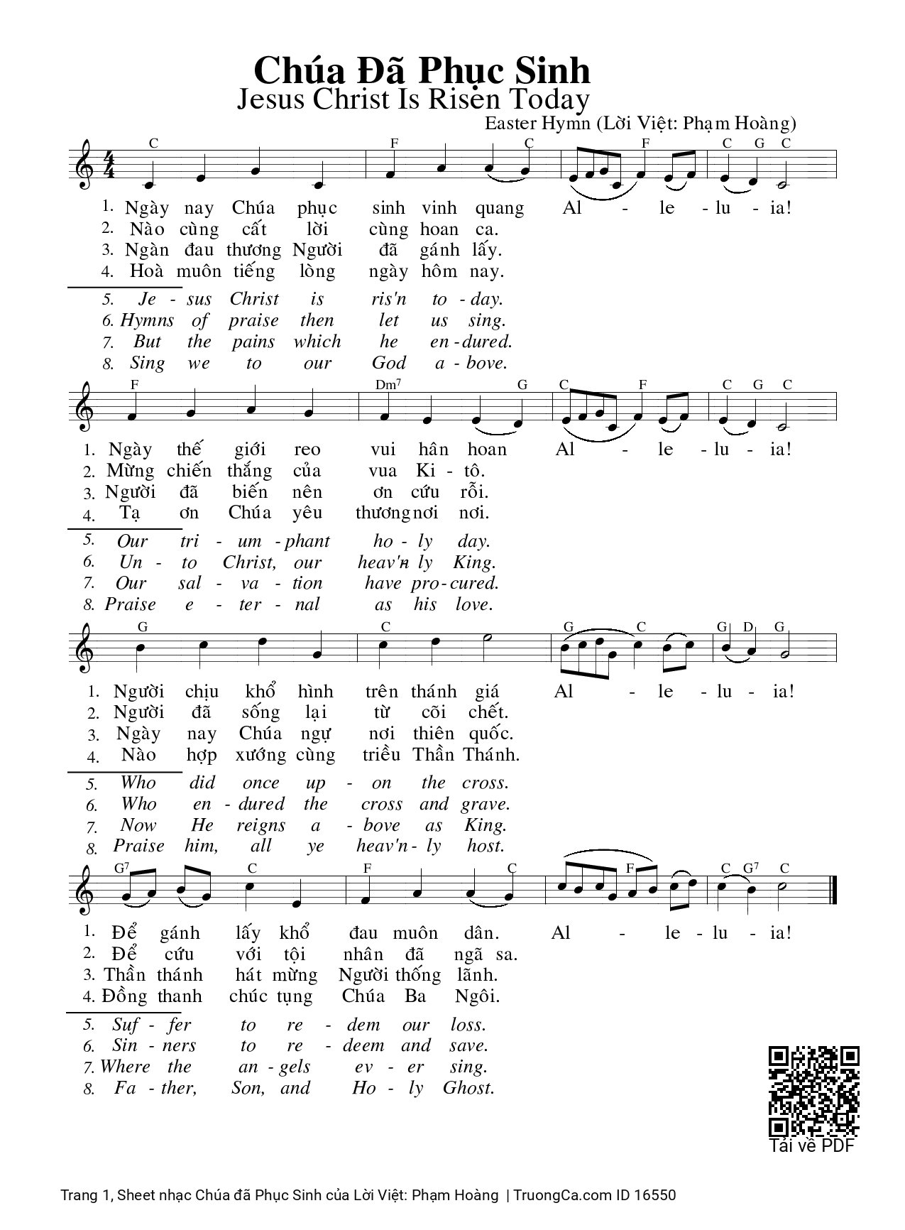 Page 1 of Sheet music PDF Chúa đã Phục Sinh - Lời Việt: Phạm Hoàng