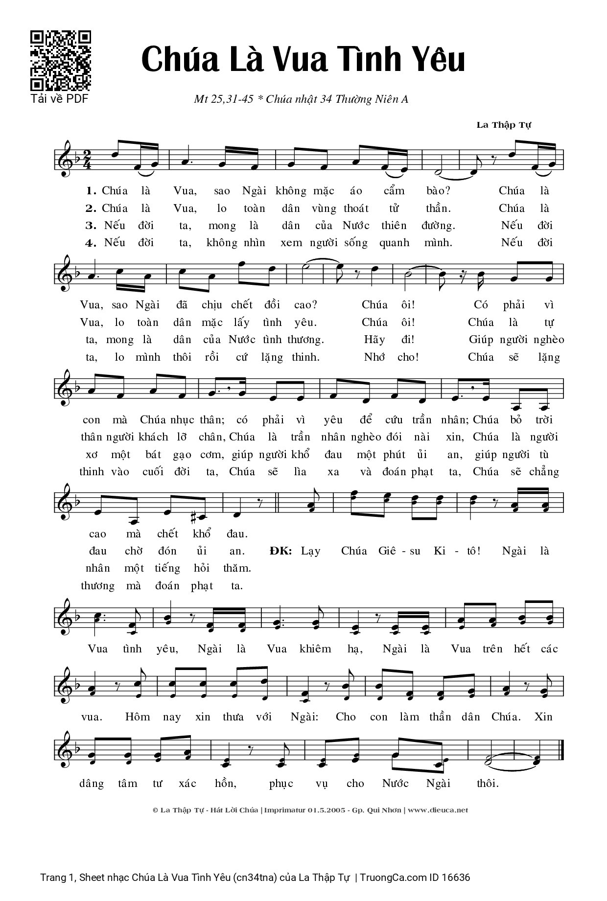 Page 1 of Sheet music PDF Chúa Là Vua Tình Yêu (cn34tna) - La Thập Tự
