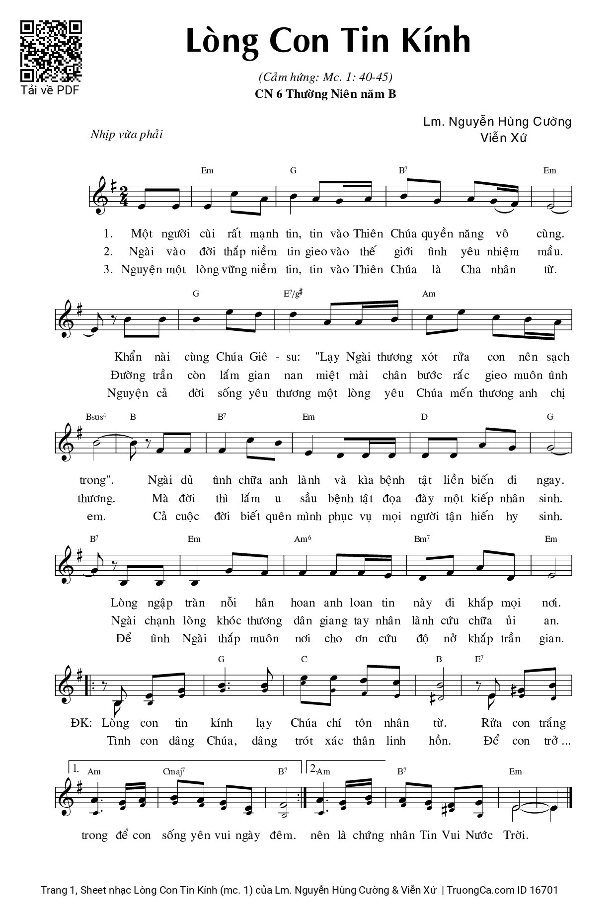 Sheet PDF of Lòng Con Tin Kính (mc. 1)