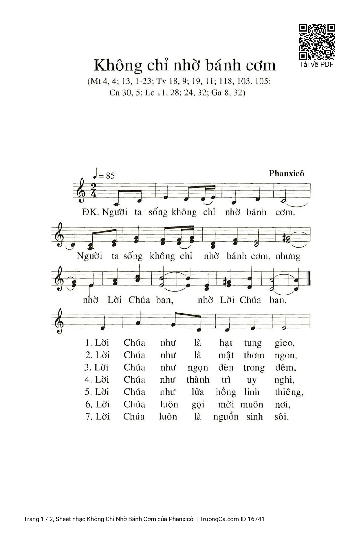 Page 1 of Sheet music PDF Không Chỉ Nhờ Bánh Cơm - Phanxicô