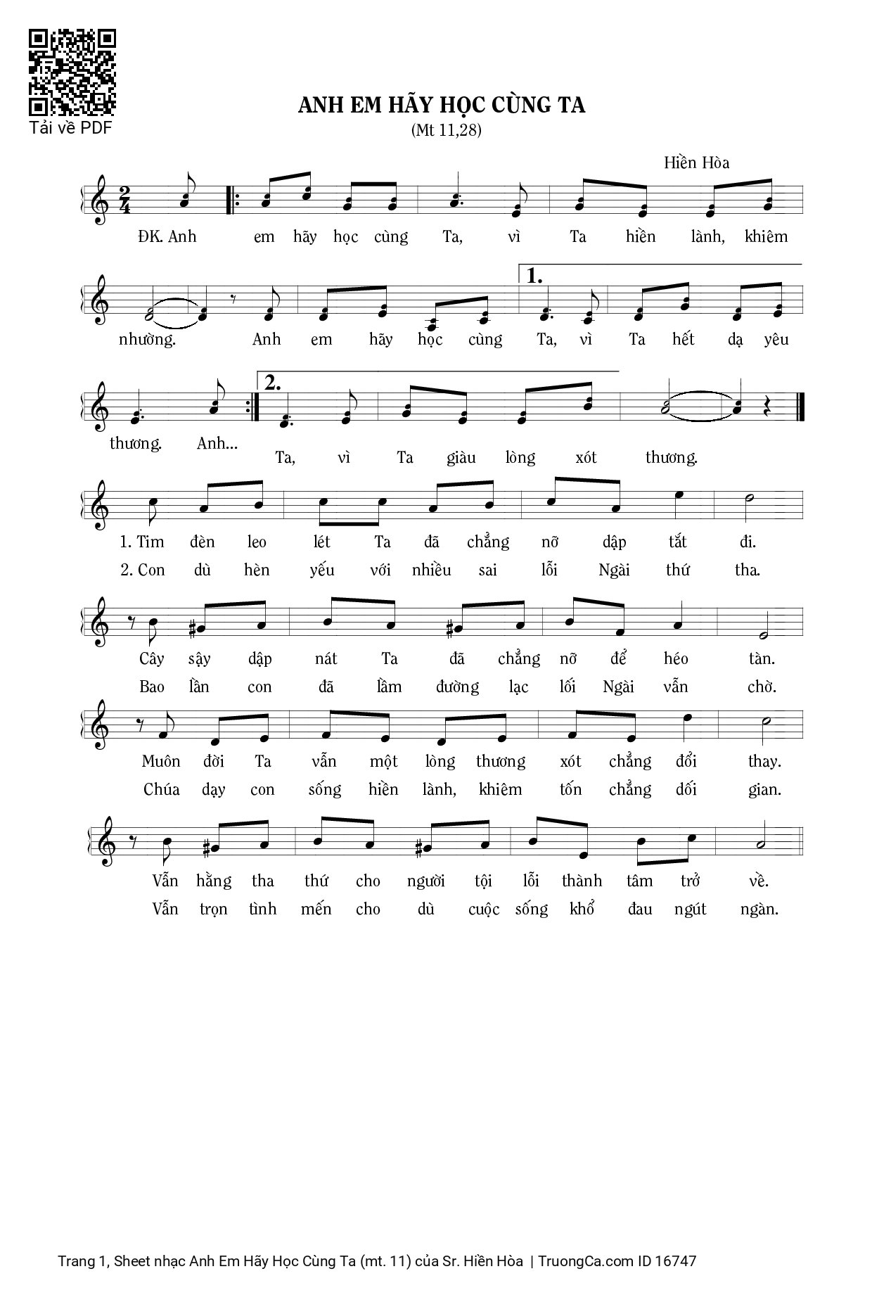Sheet PDF of Anh Em Hãy Học Cùng Ta (mt. 11)