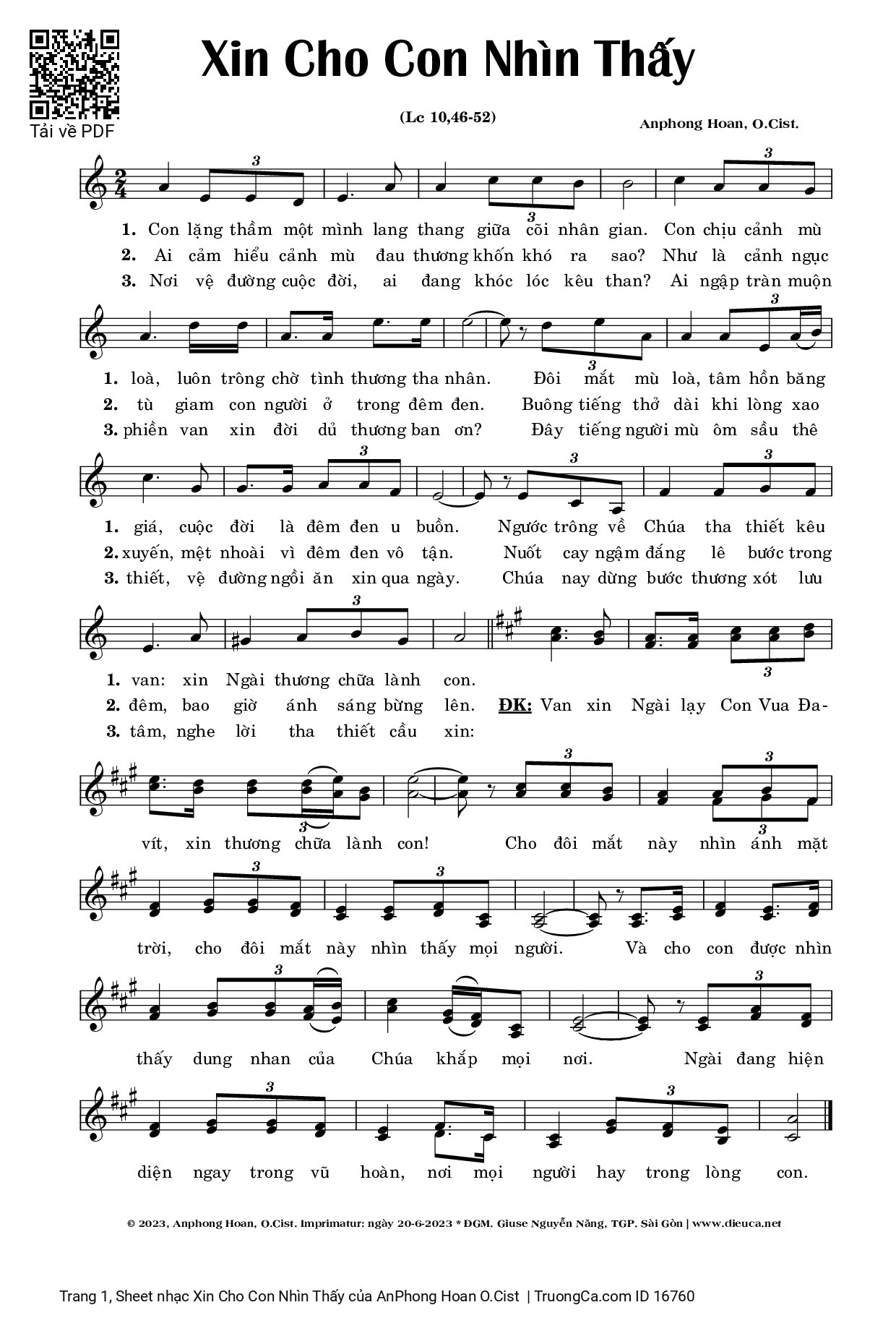 Sheet PDF of Xin Cho Con Nhìn Thấy