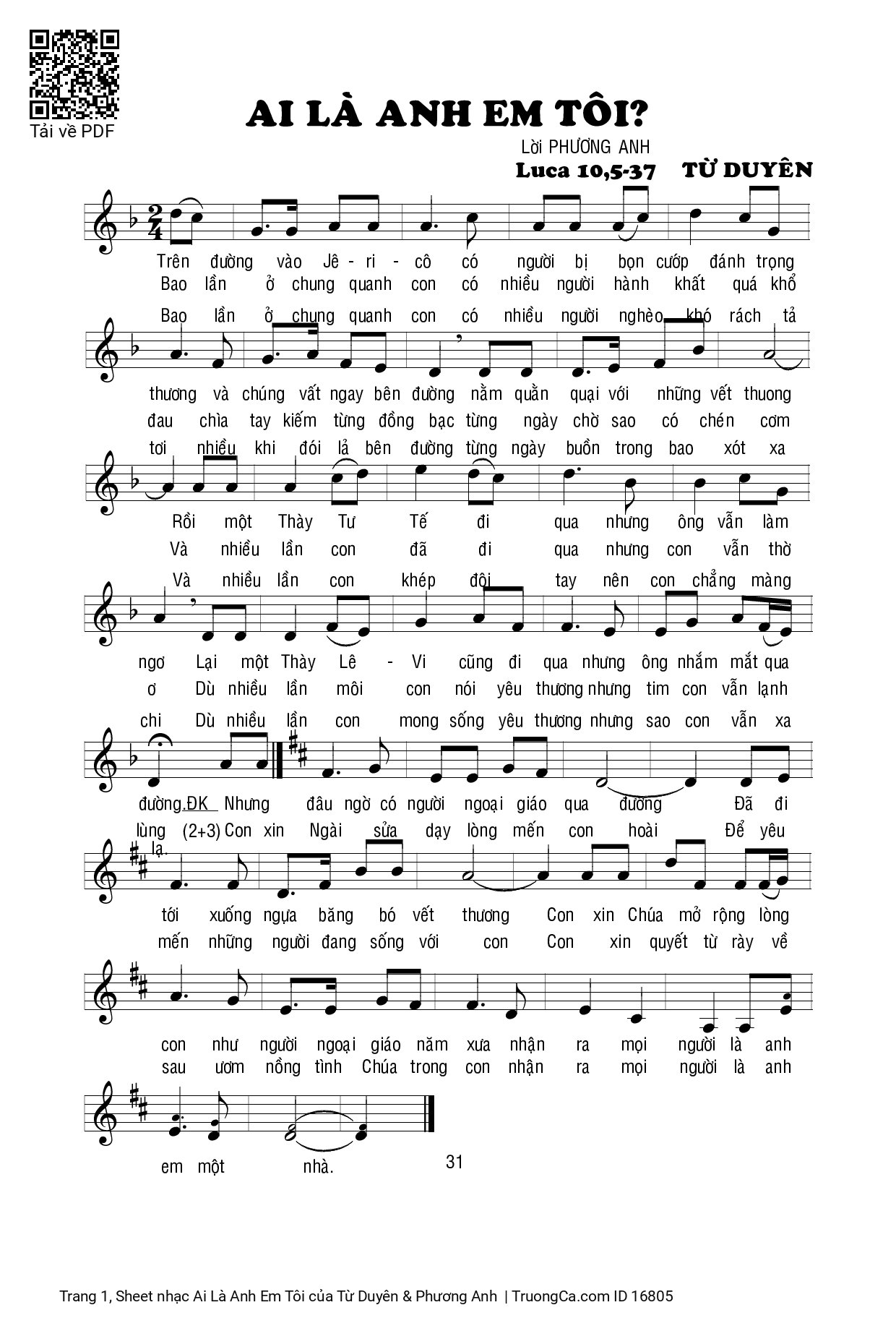 Sheet PDF of Ai Là Anh Em Tôi