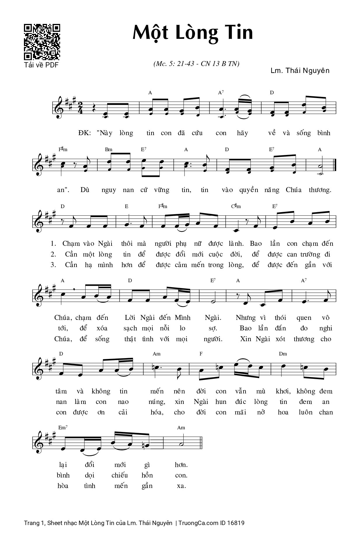 Page 1 of Sheet music PDF Một Lòng Tin - Lm. Thái Nguyên