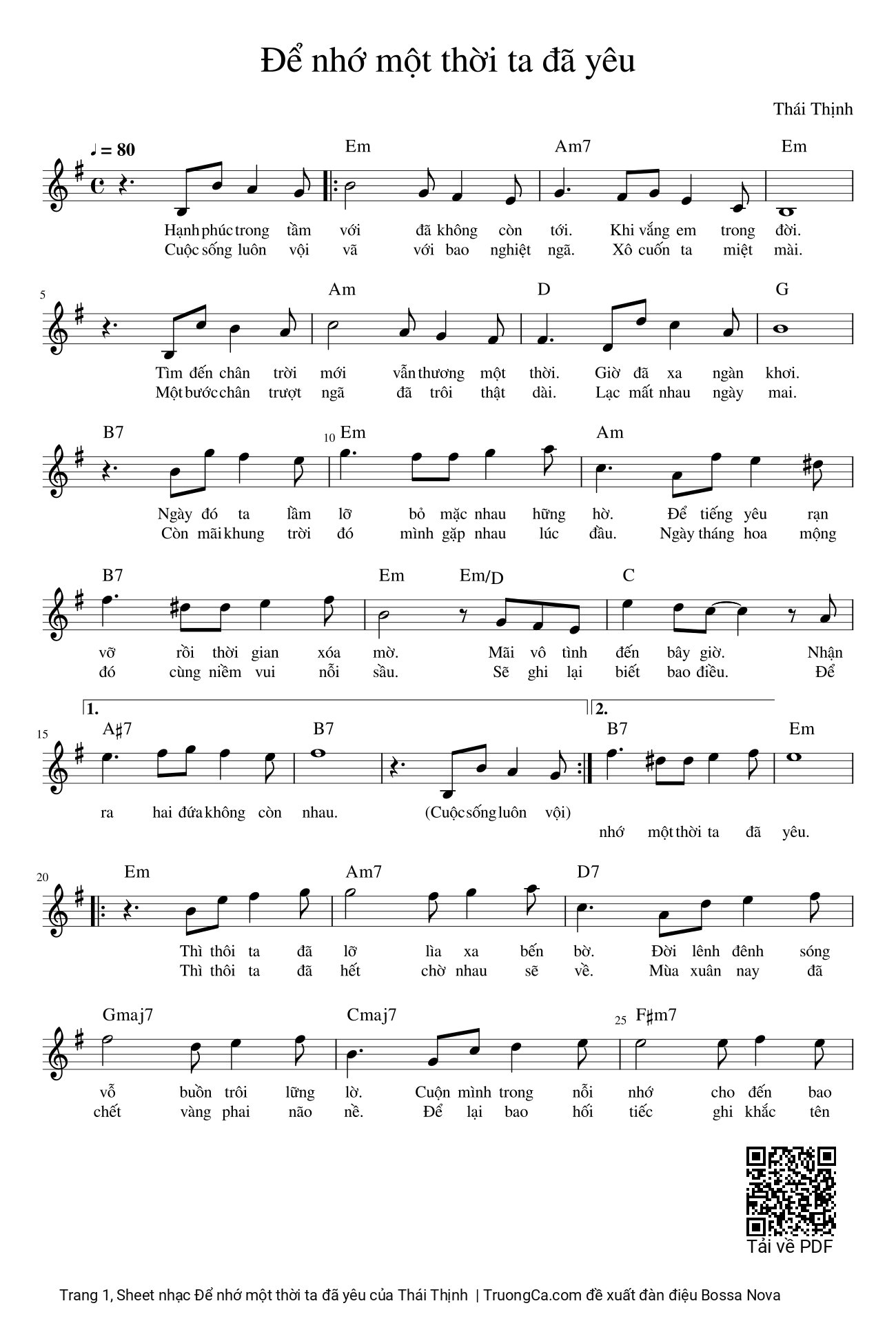 Sheet PDF of Để nhớ một thời ta đã yêu
