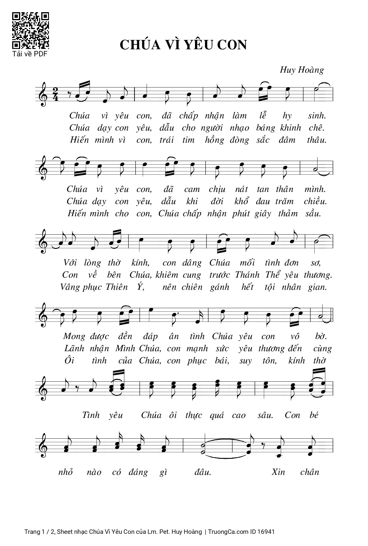 Page 1 of Sheet music PDF Chúa Vì Yêu Con - Lm. Pet. Huy Hoàng