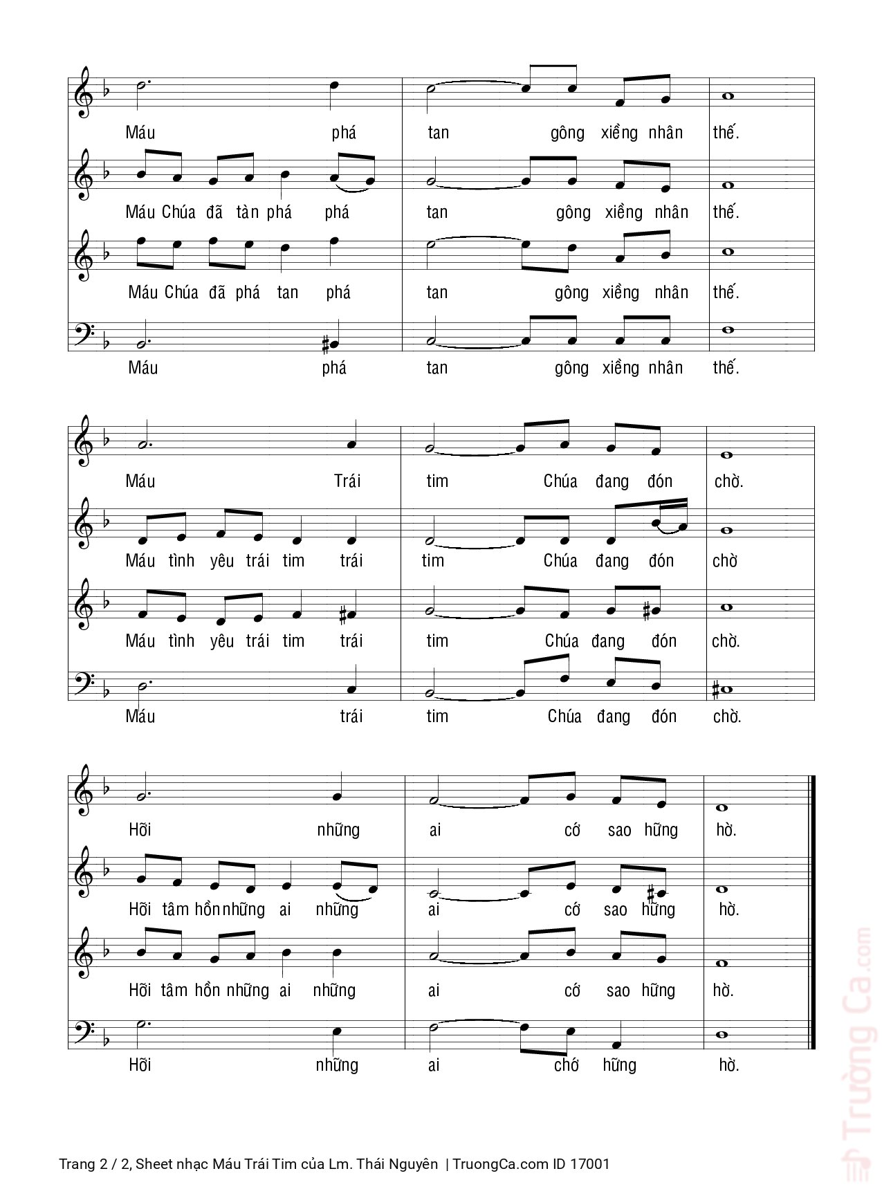 Page 2 of Sheet music PDF Máu Trái Tim - Lm. Thái Nguyên
