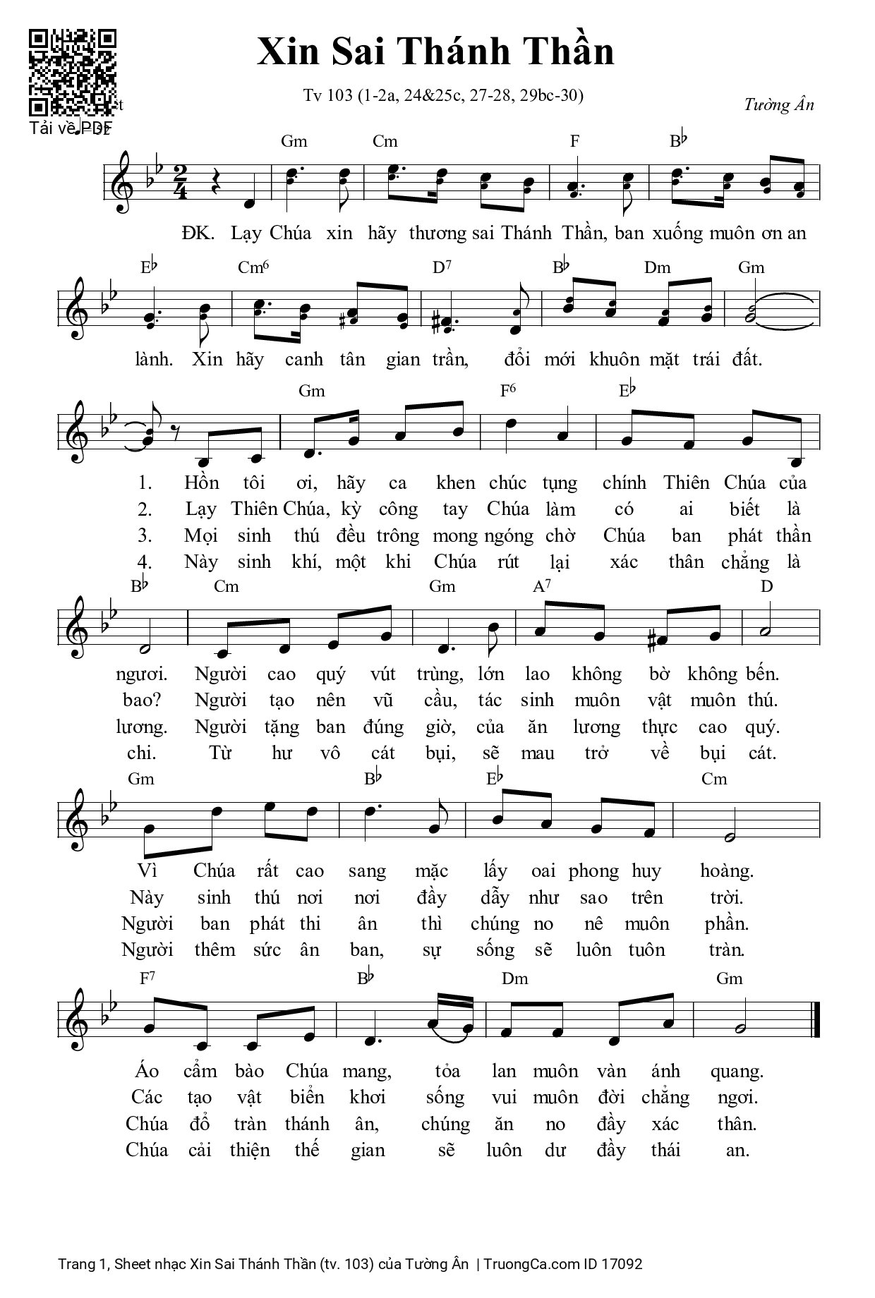 Page 1 of Sheet music PDF Xin Sai Thánh Thần (tv. 103) - Tường Ân