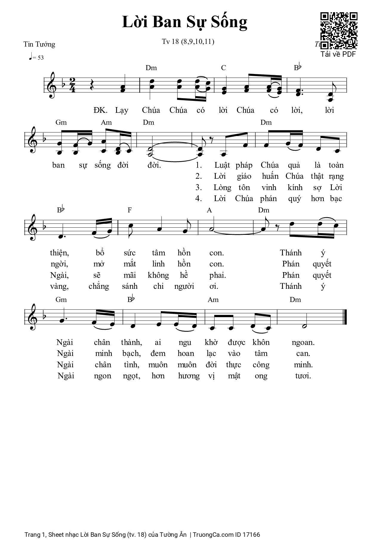 Page 1 of Sheet music PDF Lời Ban Sự Sống (tv. 18) - Tường Ân