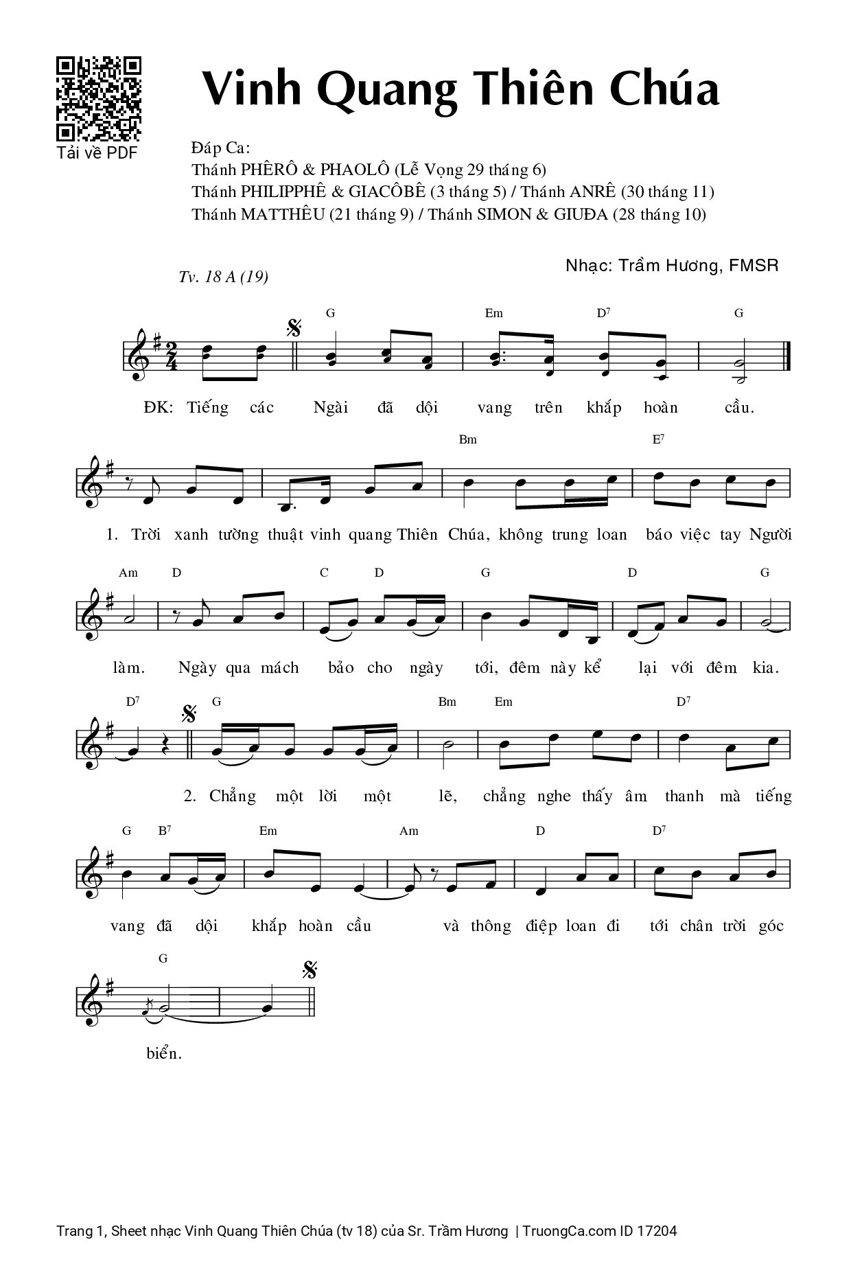 Sheet PDF of Vinh Quang Thiên Chúa (tv 18)