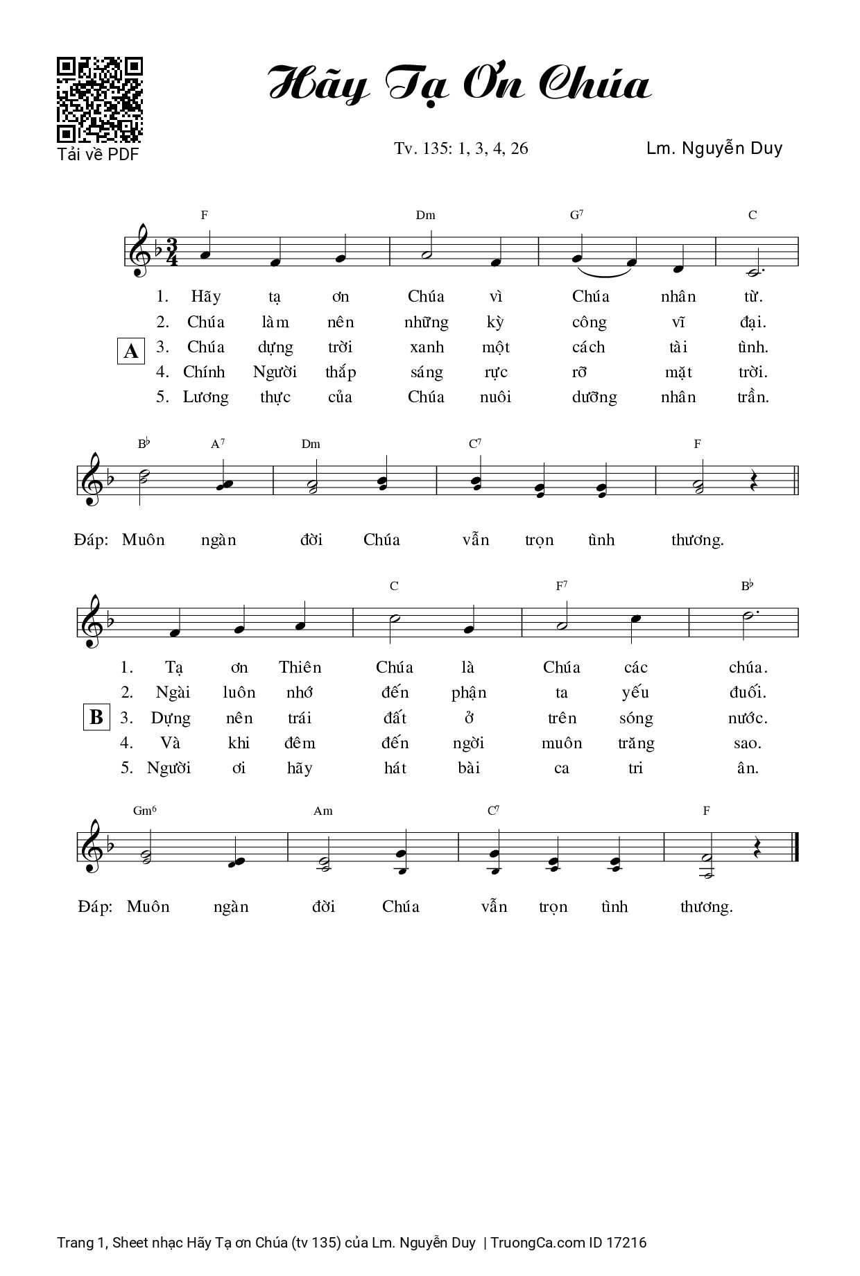 Sheet PDF of Hãy Tạ ơn Chúa (tv 135)