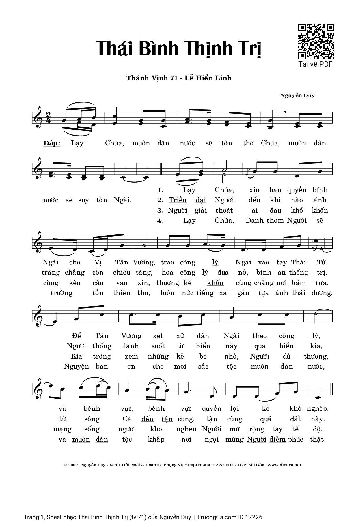 Sheet PDF of Thái Bình Thịnh Trị (tv 71)