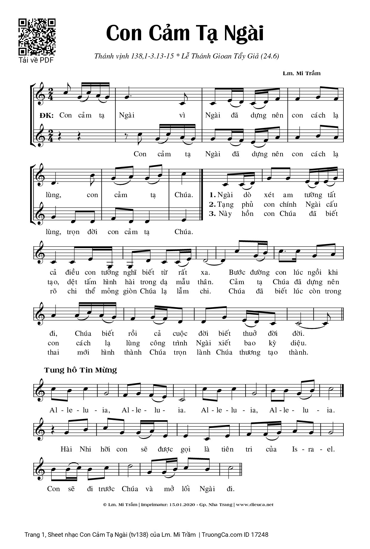 Sheet PDF of Con Cảm Tạ Ngài (thánh vịnh 138)
