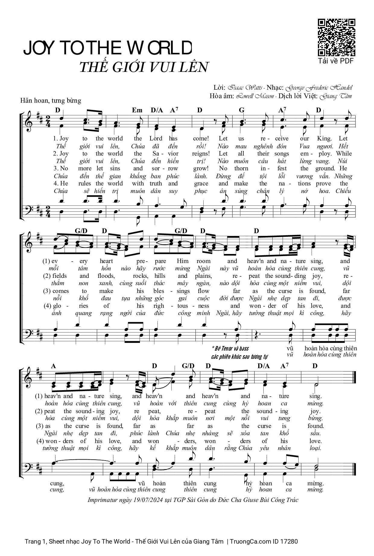 Sheet PDF of Joy To The World - Thế Giới Vui Lên