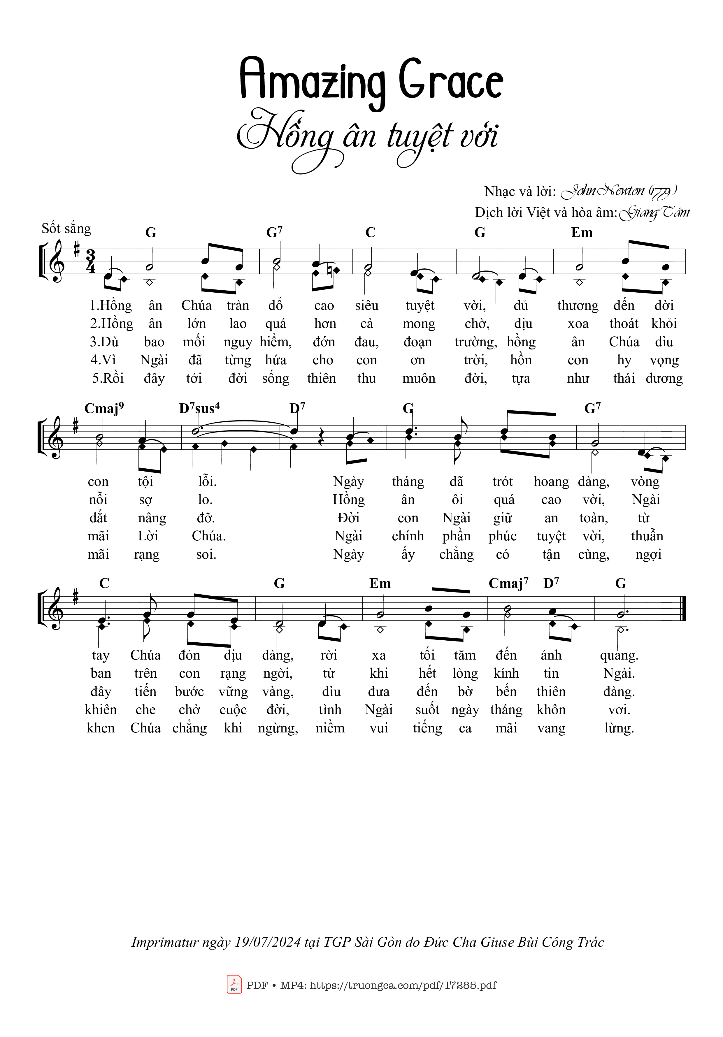 Sheet PDF of Amazing Grace - Hồng ân Tuyệt Vời