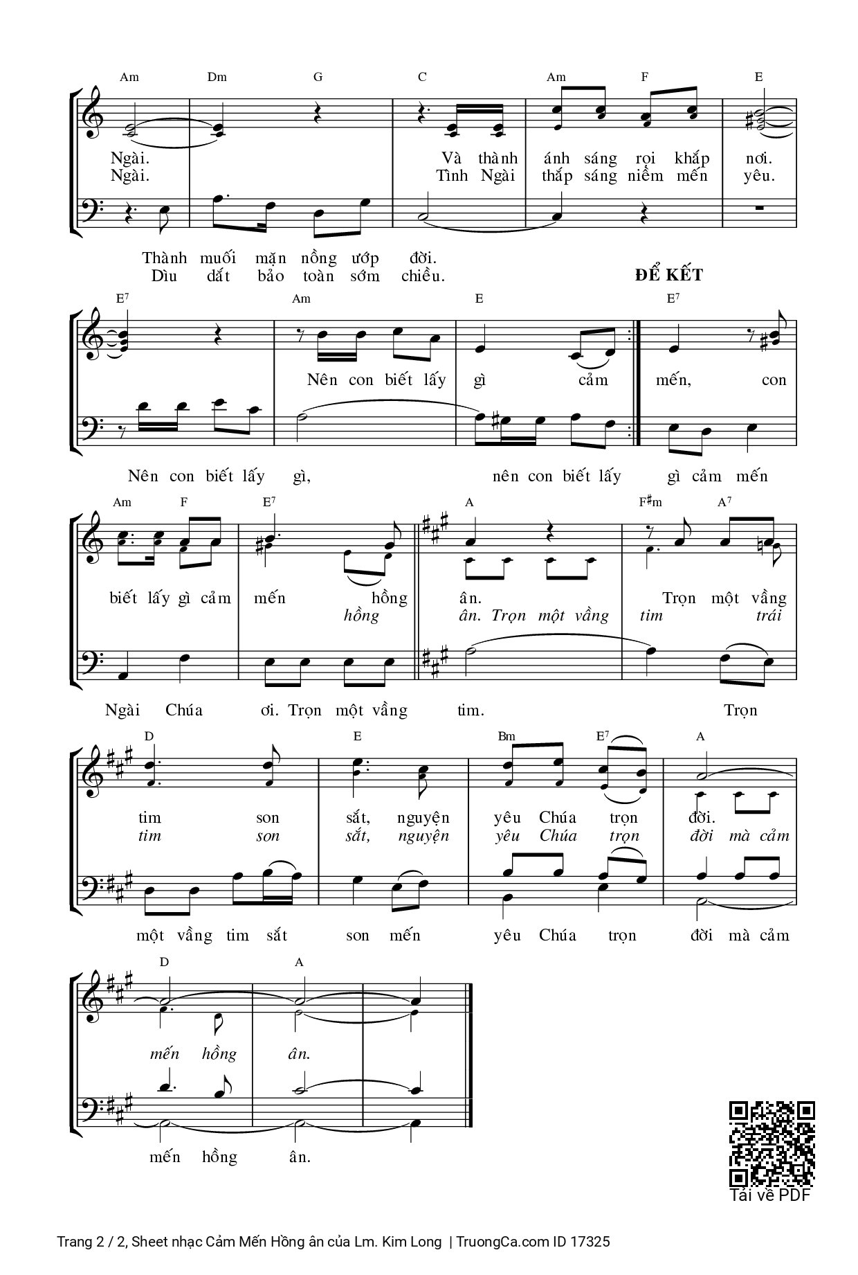 Page 2 of Sheet music PDF Cảm Mến Hồng ân - Lm. Kim Long