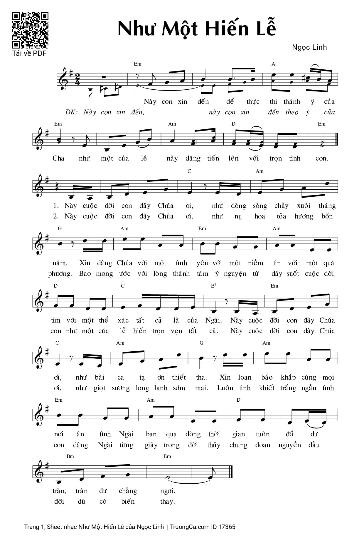 Page 1 of Sheet music PDF Như Một Hiến Lễ - Ngọc Linh