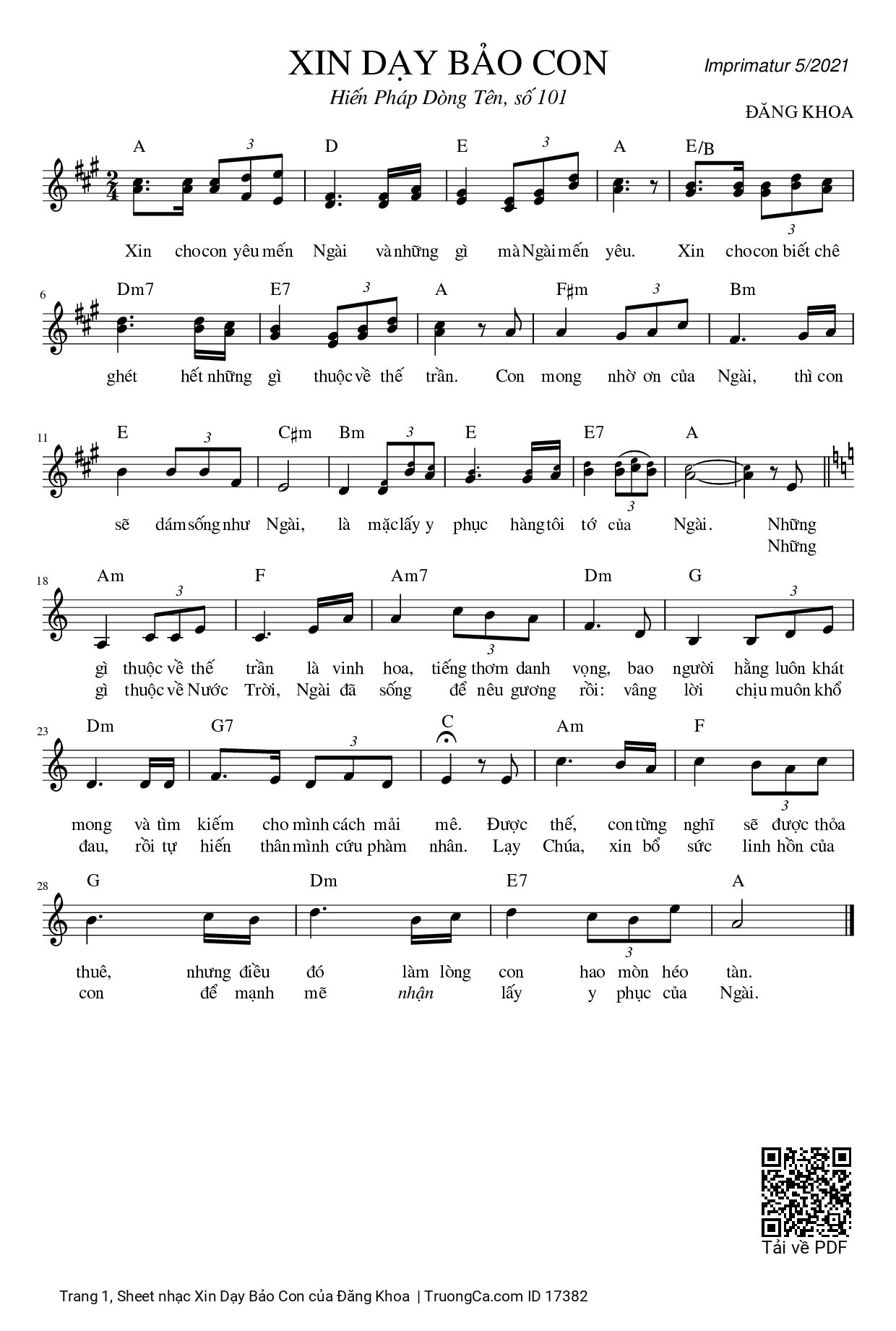 Sheet PDF of Xin Dạy Bảo Con