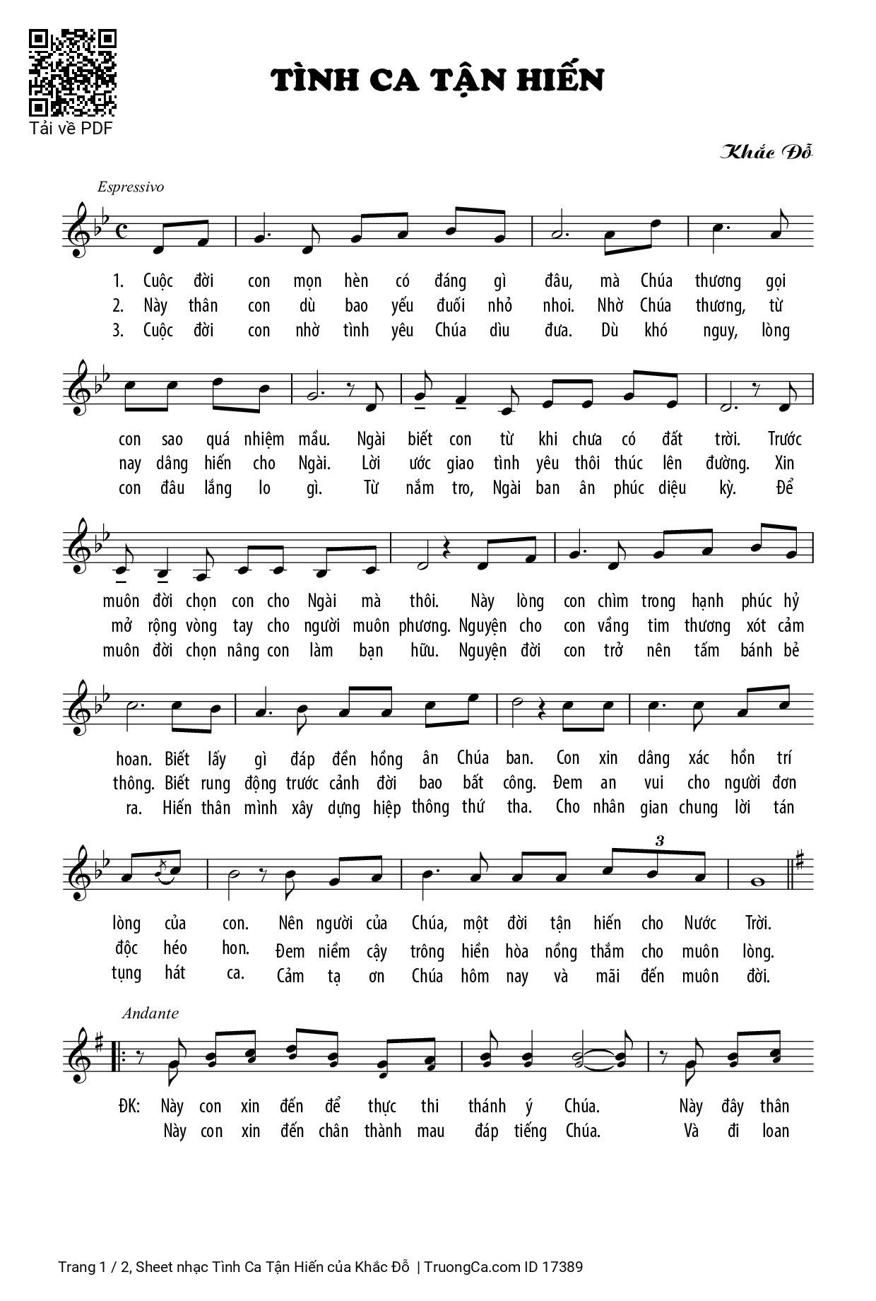 Sheet PDF of Tình Ca Tận Hiến