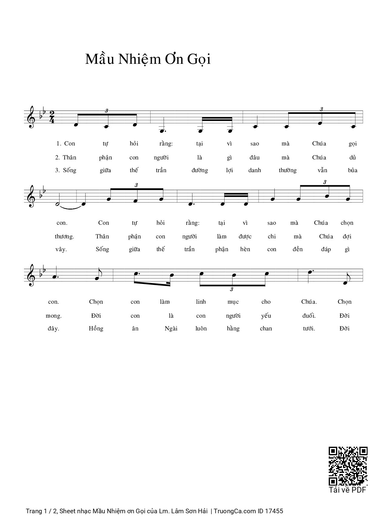 Page 1 of Sheet music PDF Mầu Nhiệm ơn Gọi - Lm. Lâm Sơn Hải