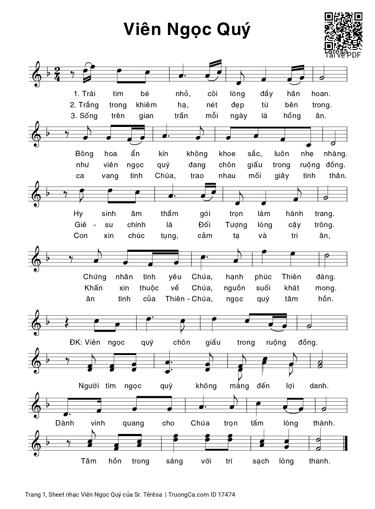 Page 1 of Sheet music PDF Viên Ngọc Quý - Sr. Têrêsa