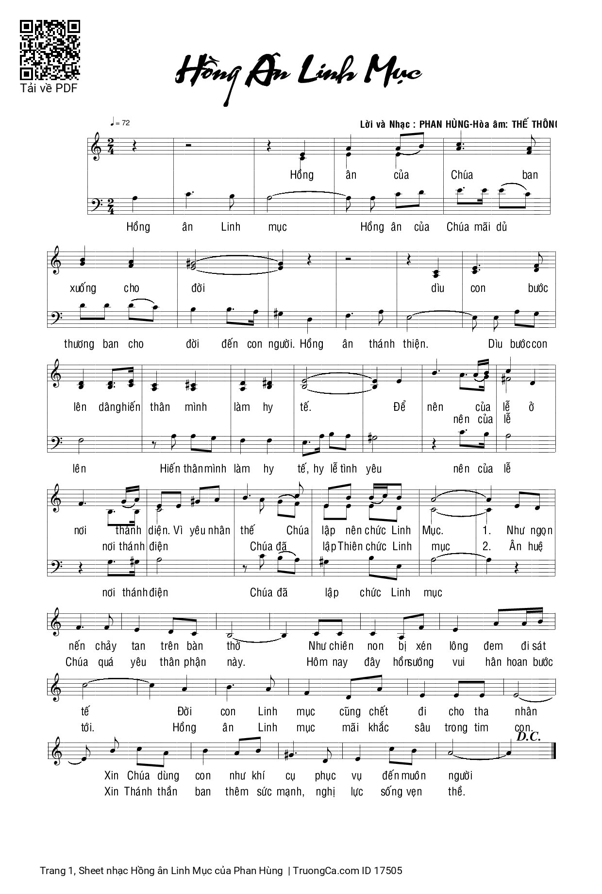 Sheet PDF of Hồng ân Linh Mục