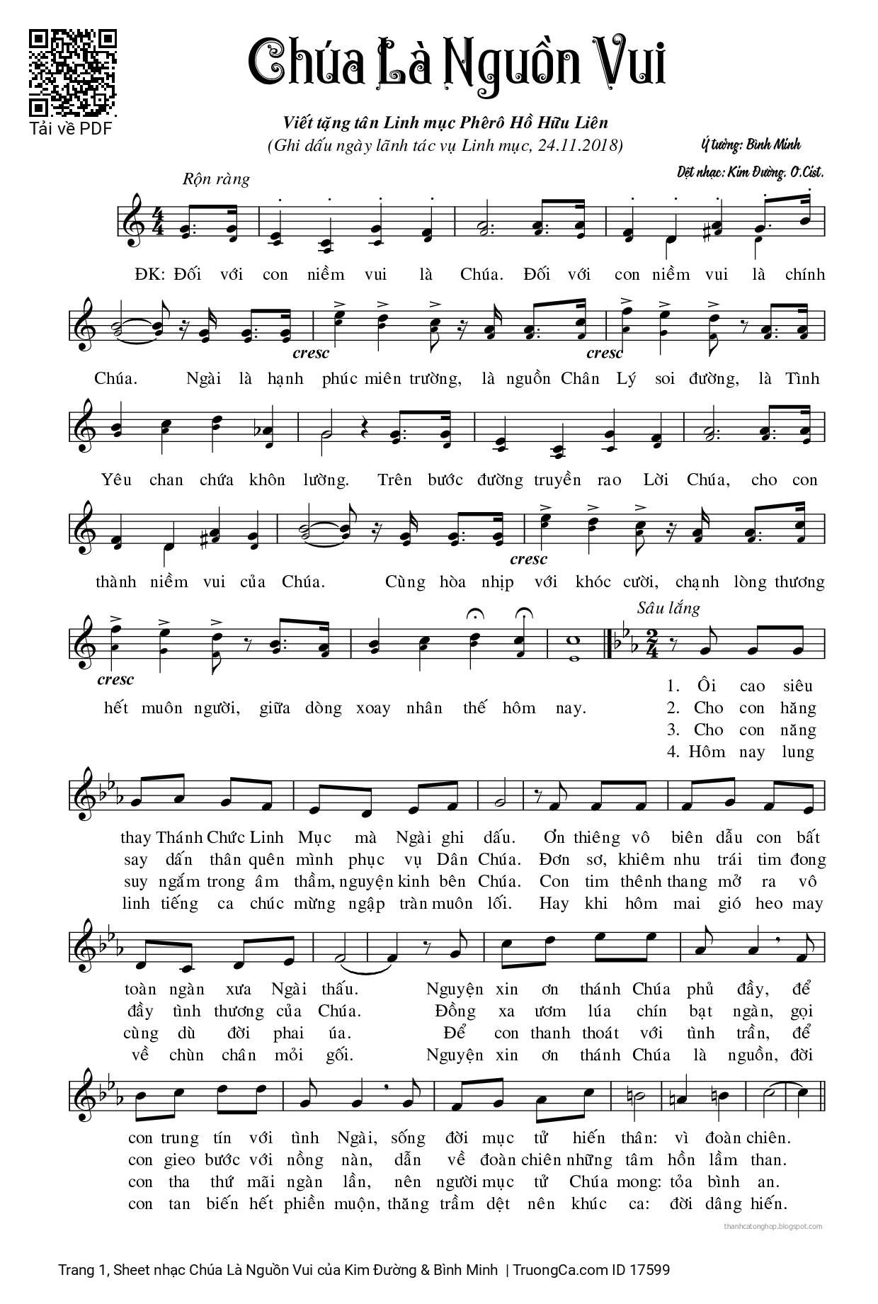 Page 1 of Sheet music PDF Chúa Là Nguồn Vui - Kim Đường & Bình Minh