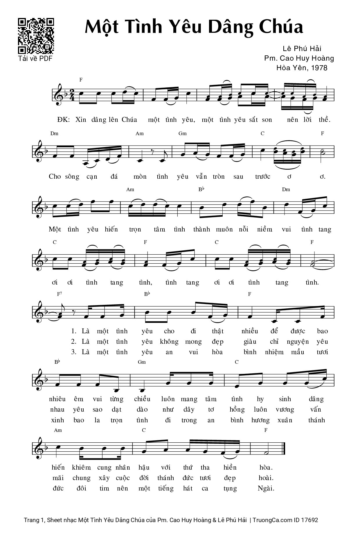 Sheet PDF of Một Tình Yêu Dâng Chúa