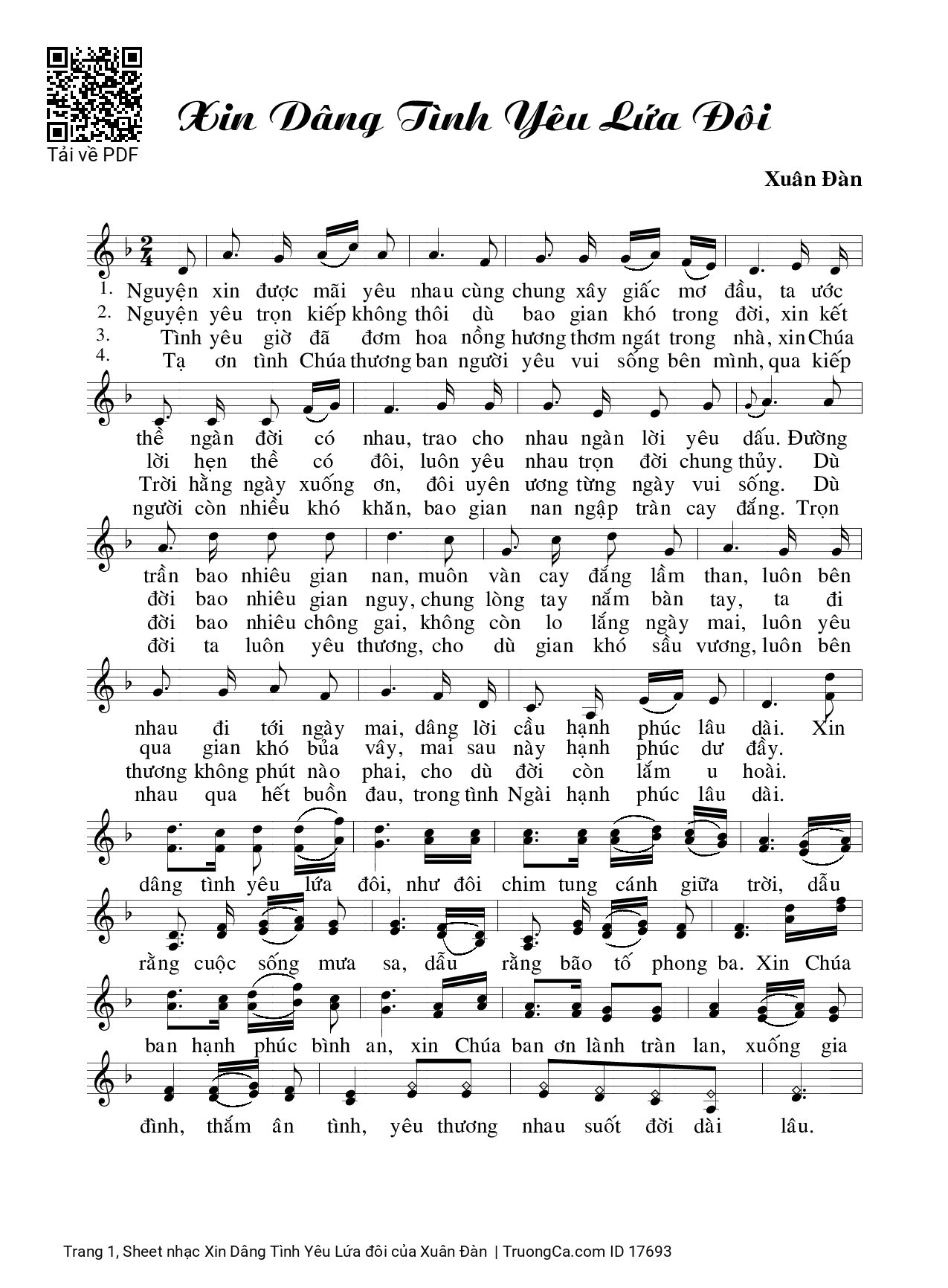 Sheet PDF of Xin Dâng Tình Yêu Lứa đôi