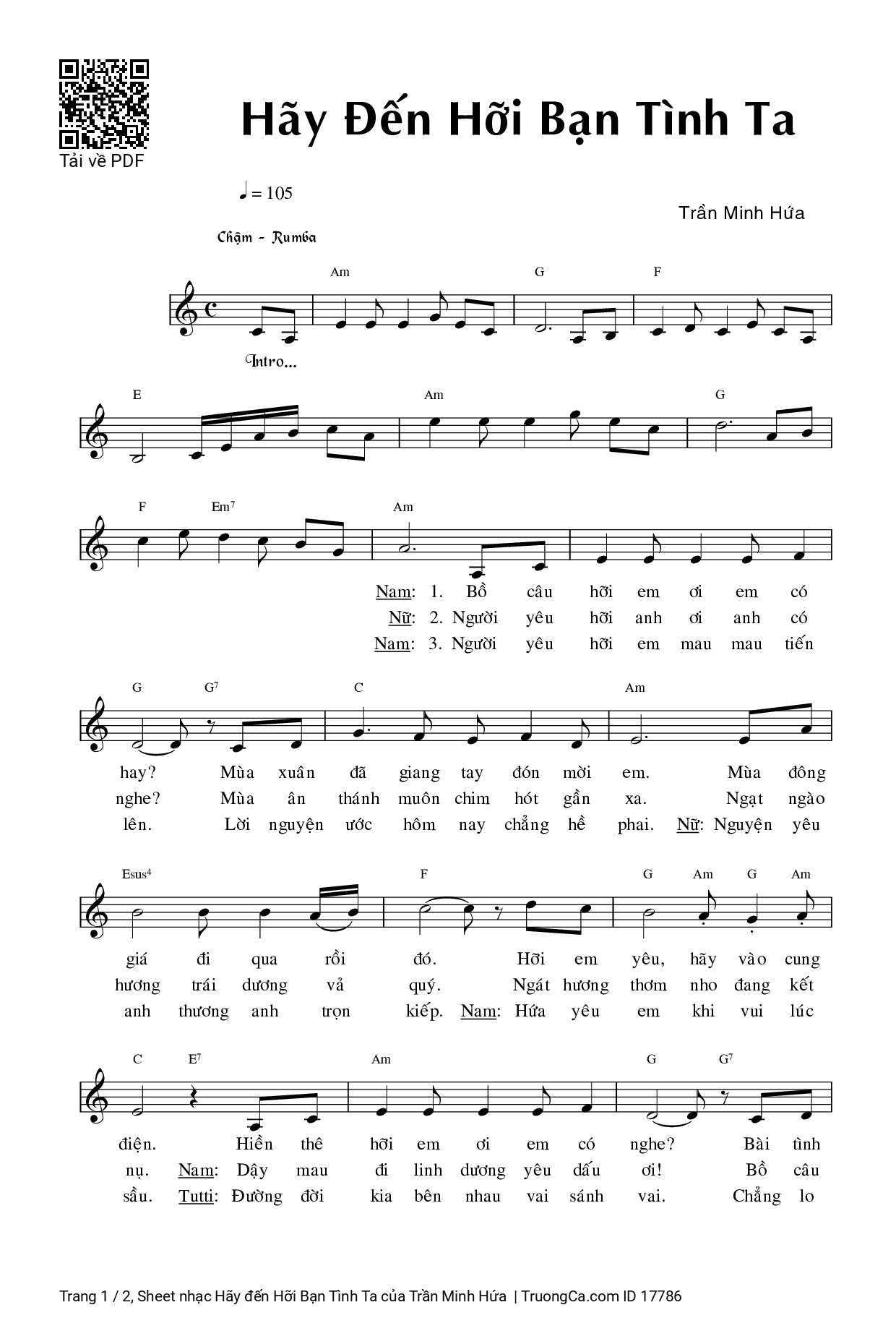 Page 1 of Sheet music PDF Hãy đến Hỡi Bạn Tình Ta - Trần Minh Hứa