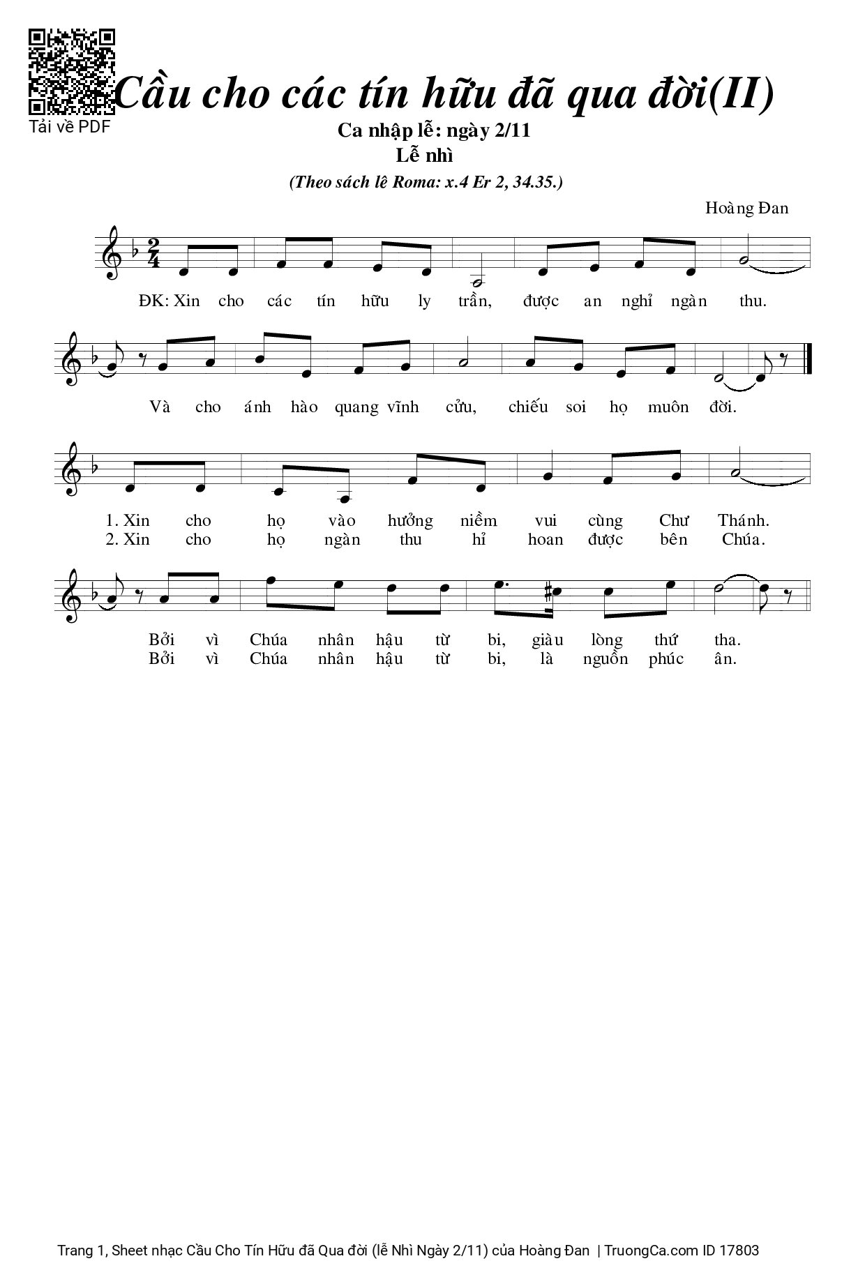 Sheet PDF of Cầu Cho Tín Hữu đã Qua đời (lễ Nhì Ngày 2/11)