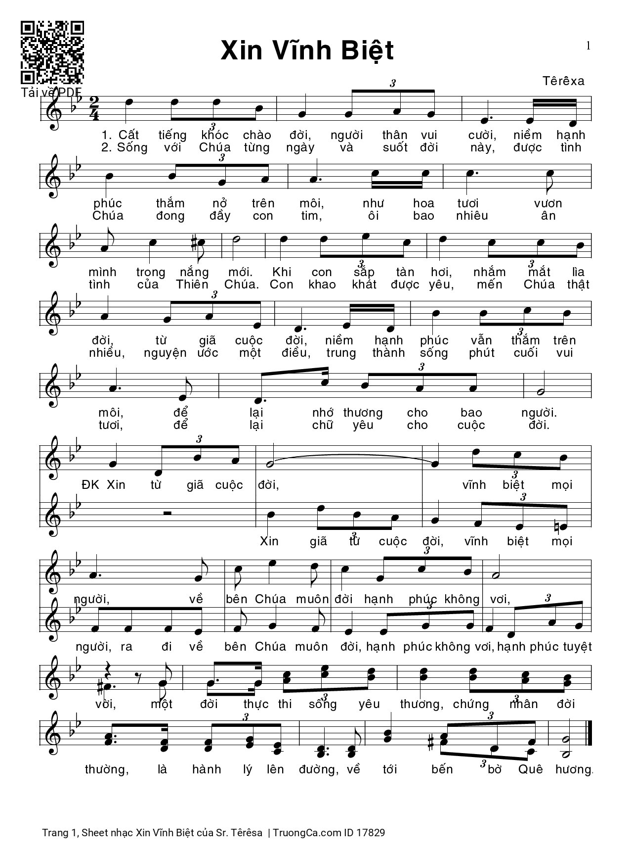 Page 1 of Sheet music PDF Xin Vĩnh Biệt - Sr. Têrêsa