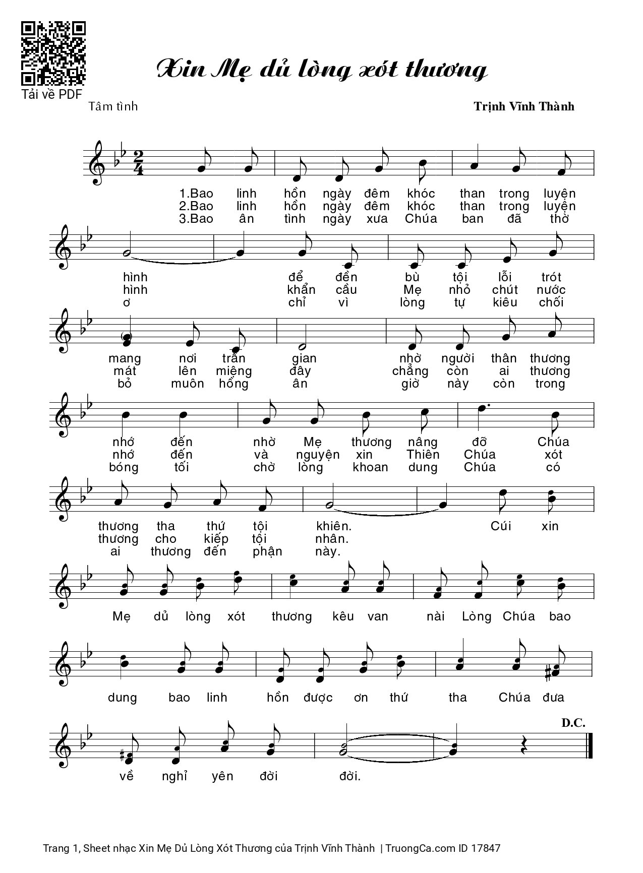 Sheet PDF of Xin Mẹ Dủ Lòng Xót Thương